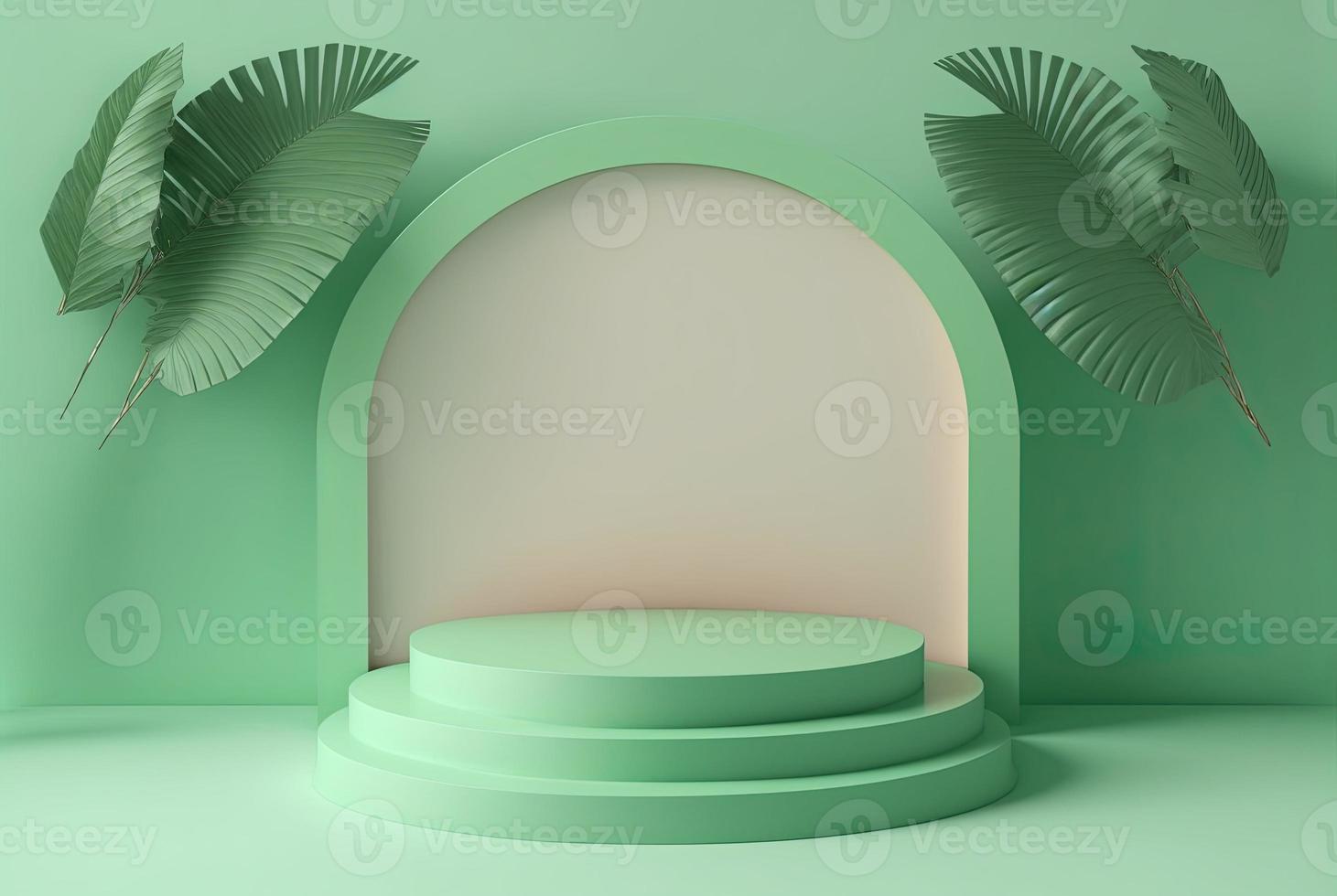 Ilustración realista en 3d de podio verde pastel con hoja alrededor para la etapa del producto foto