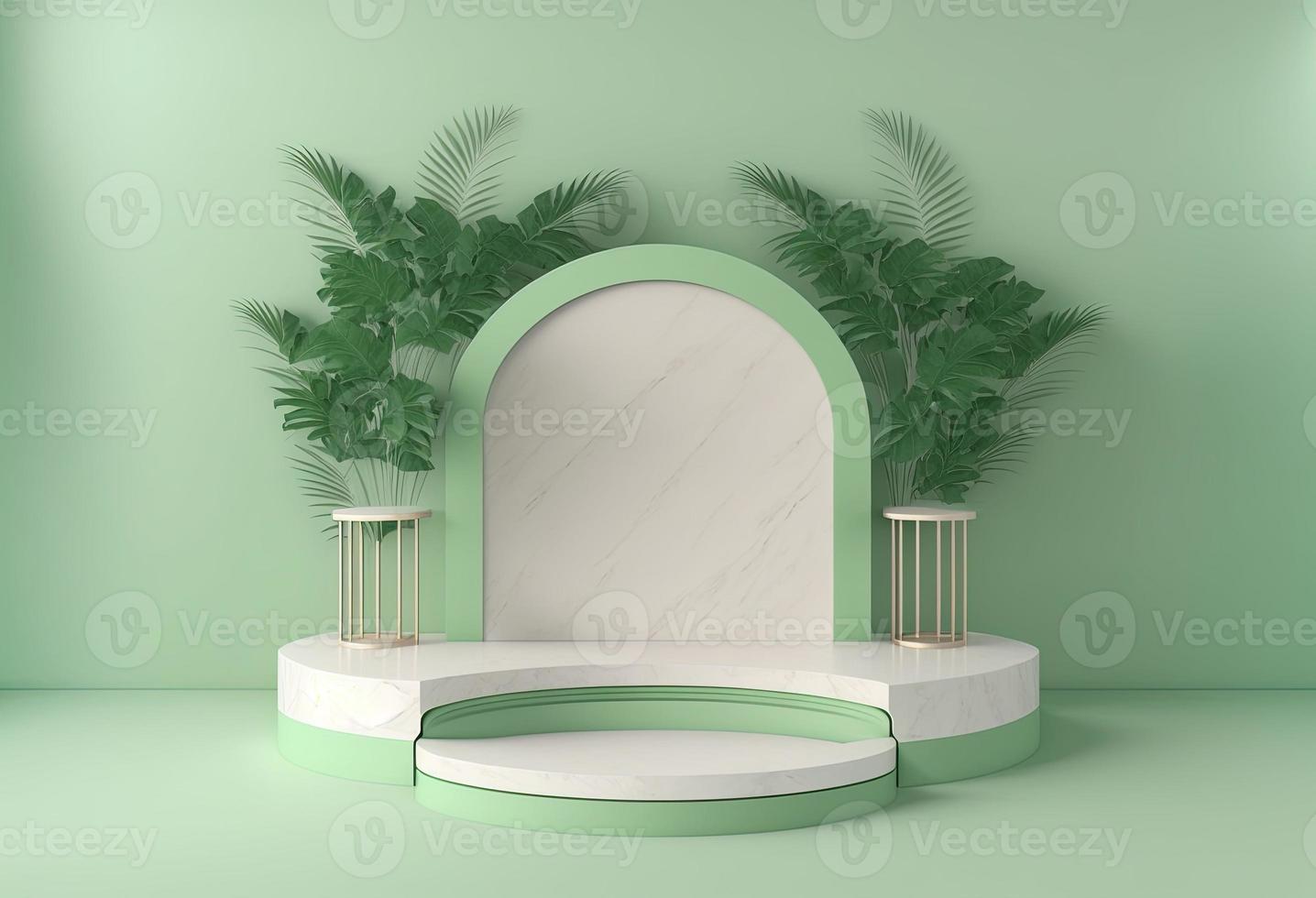 realistic 3d rendering illustration of soft green podium with leaf around for product stage photo