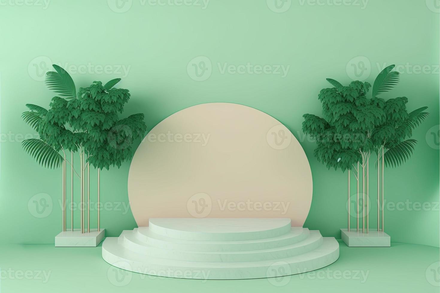 realistic 3d rendering illustration of pastel green podium with leaf around for product stage photo