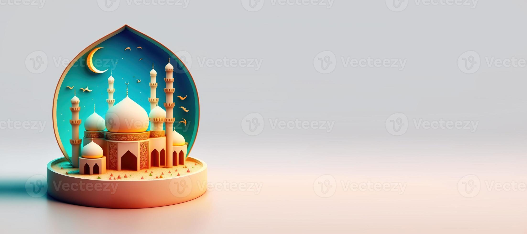 Mosque Illustration for Eid Ramadan Islmic Celebration Banner with Copy Space photo
