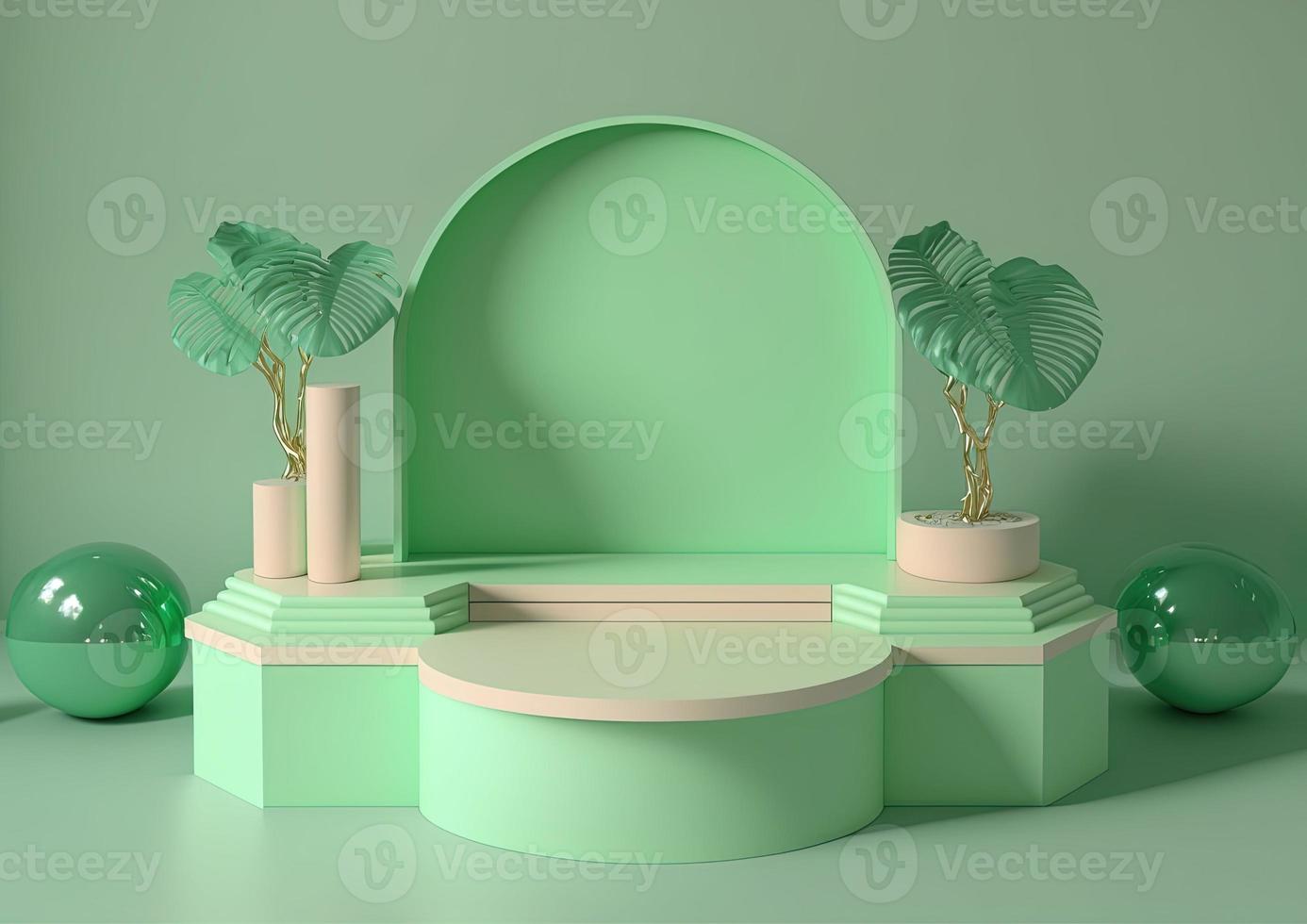 3d realistic illustration of pastel green podium with leaf around for product presentation photo