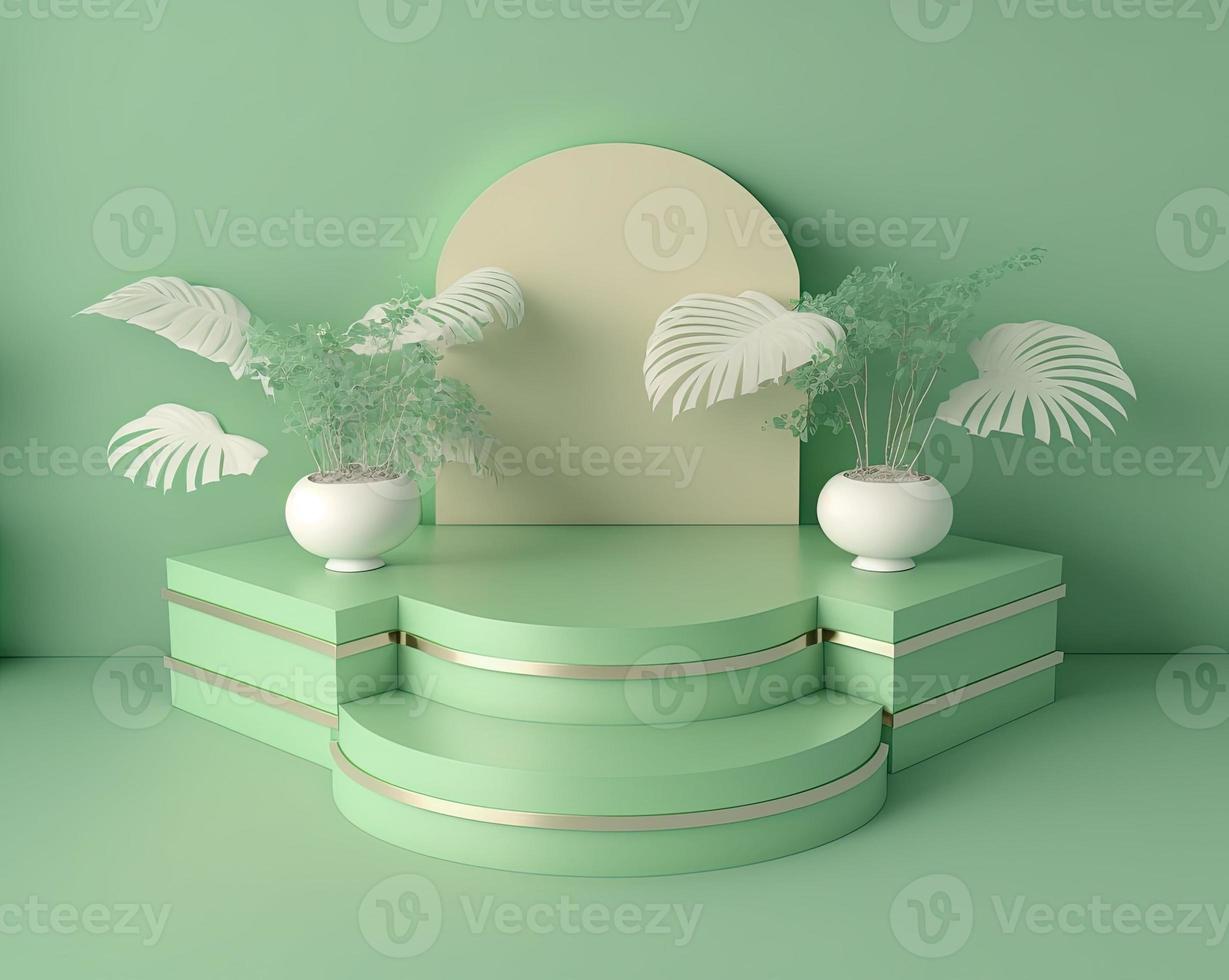 ilustración de representación 3d realista de podio verde suave con hojas alrededor para soporte de producto foto