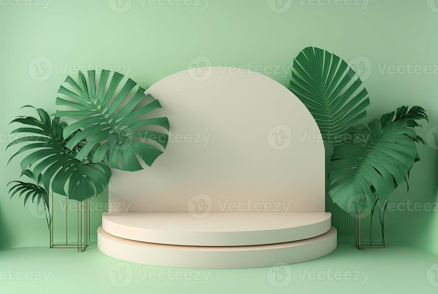 realistic 3d rendering illustration of pastel green podium with leaf around for product scene photo