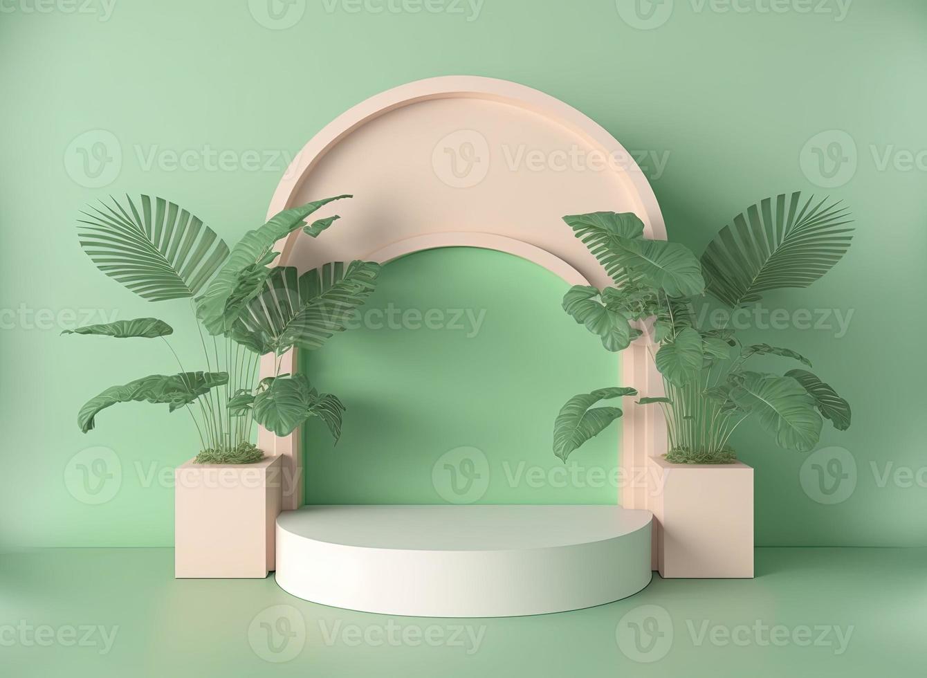 realistic 3d rendering illustration of pastel green podium with leaf around for product podium photo