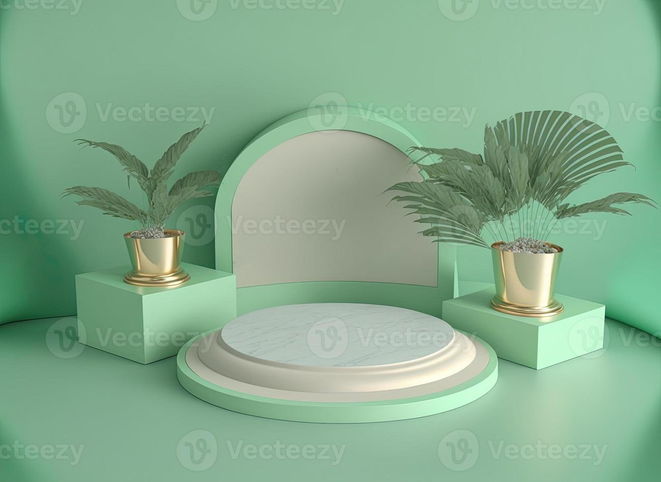 Ilustración realista en 3d del podio verde pastel con hojas alrededor para el podio del producto foto
