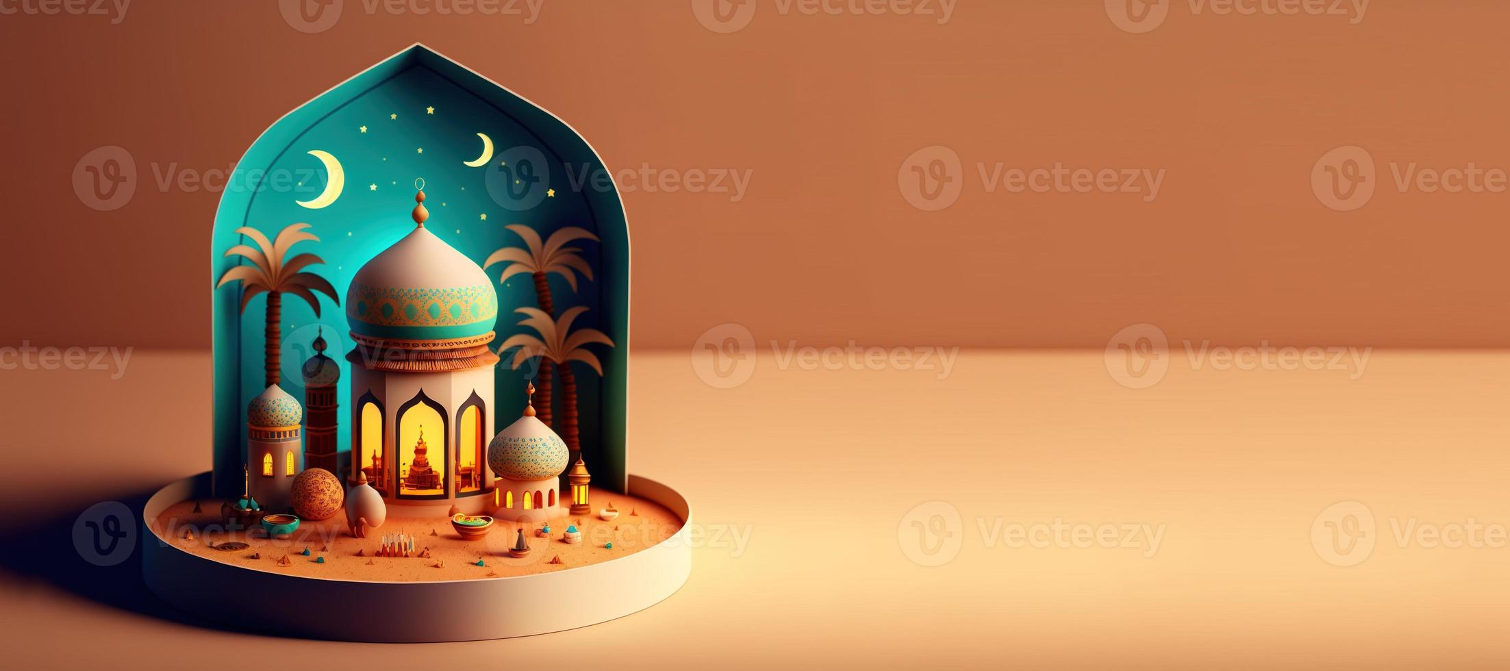 Mosque 3D Illustration for Islamic Ramadan Background with Copy Space photo