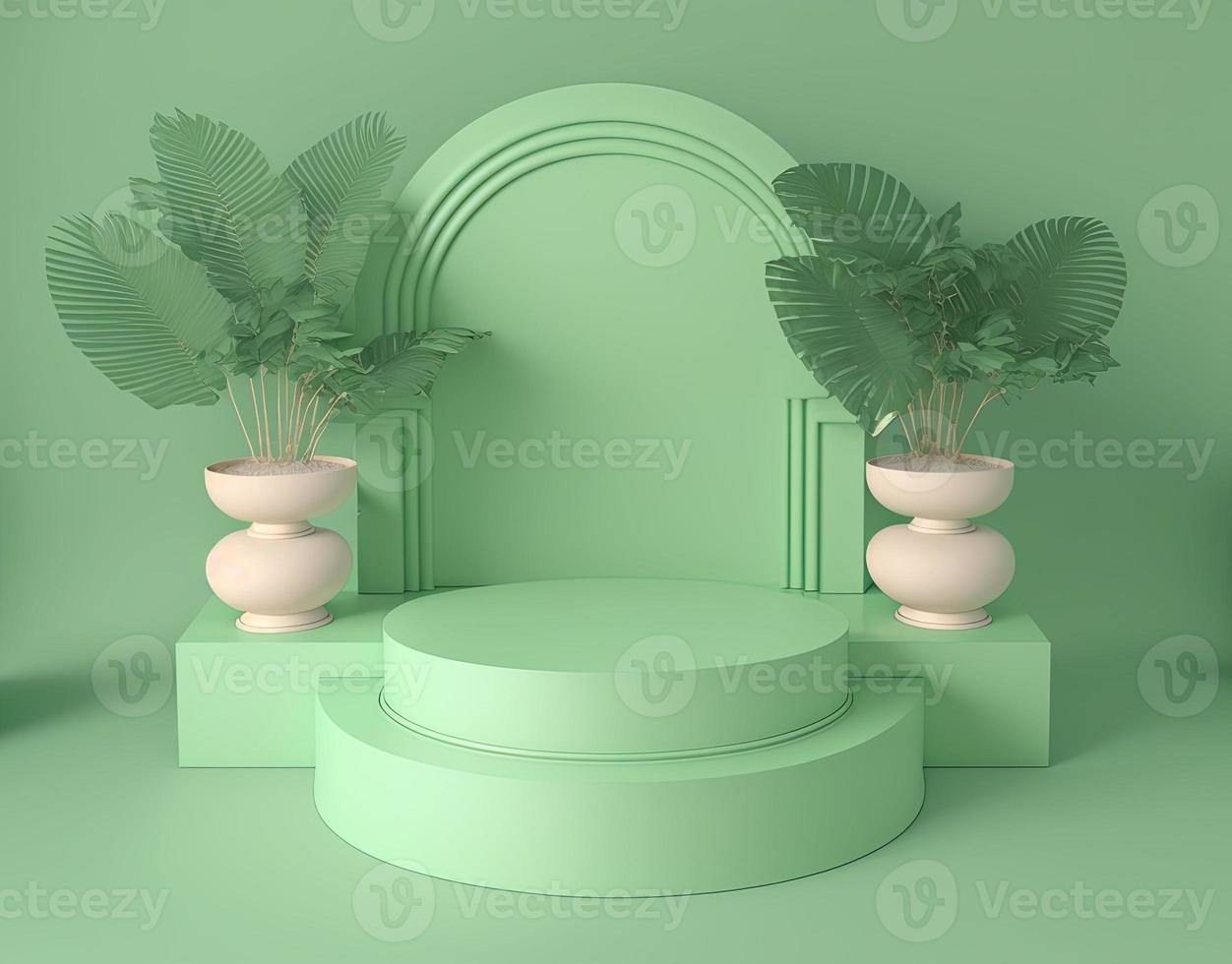 3d realistic illustration of pastel green podium with leaves around for product stand photo