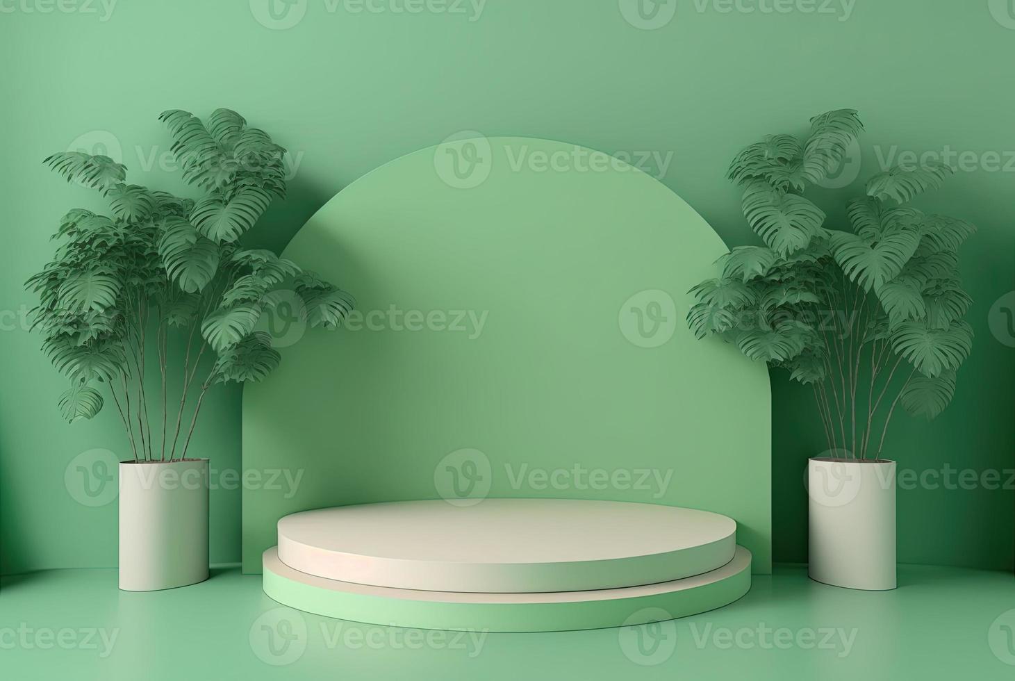 3d realistic illustration of pastel green podium with leaf around for product display photo