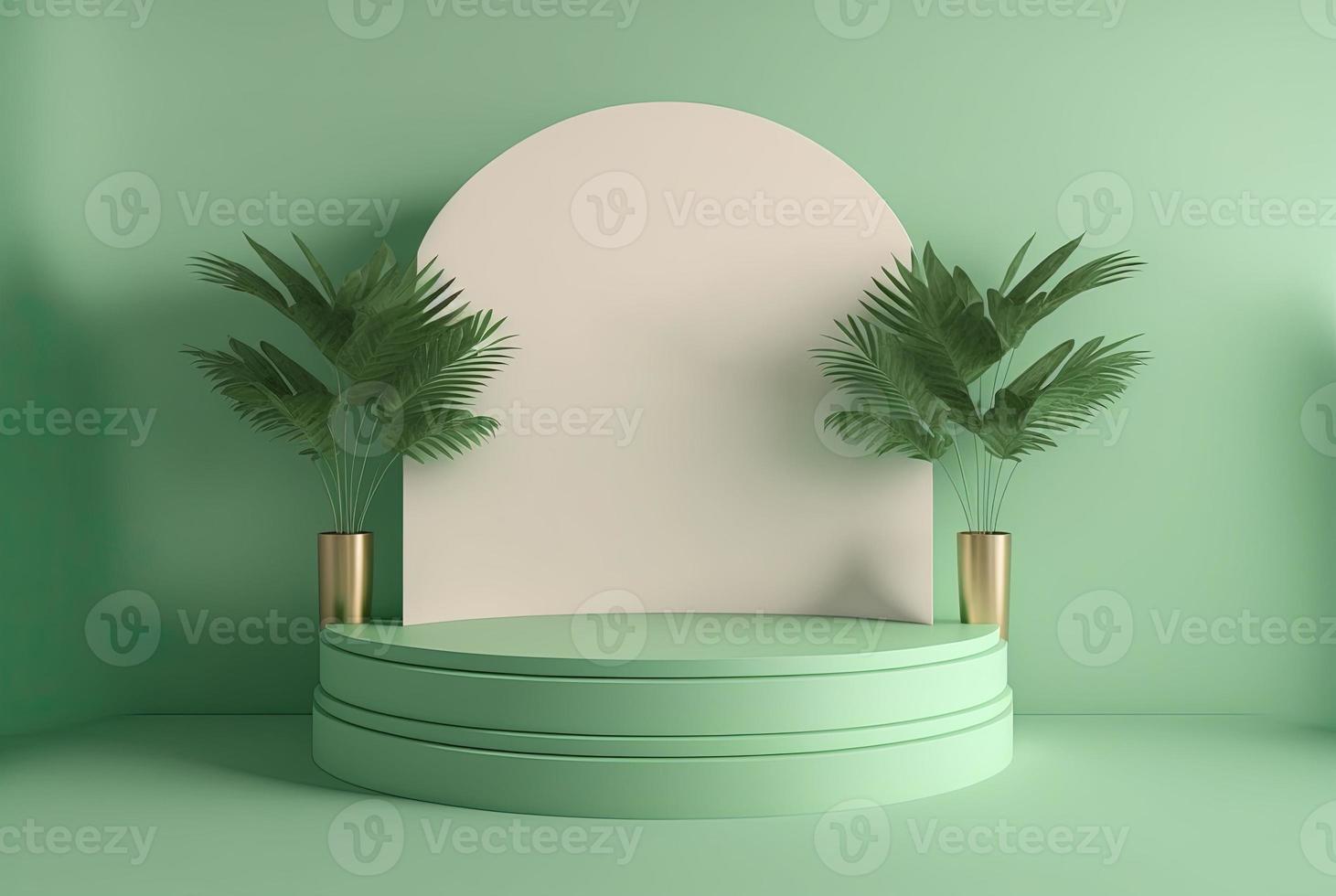 realistic 3d rendering illustration of pastel green podium with leaf around for product showcase photo