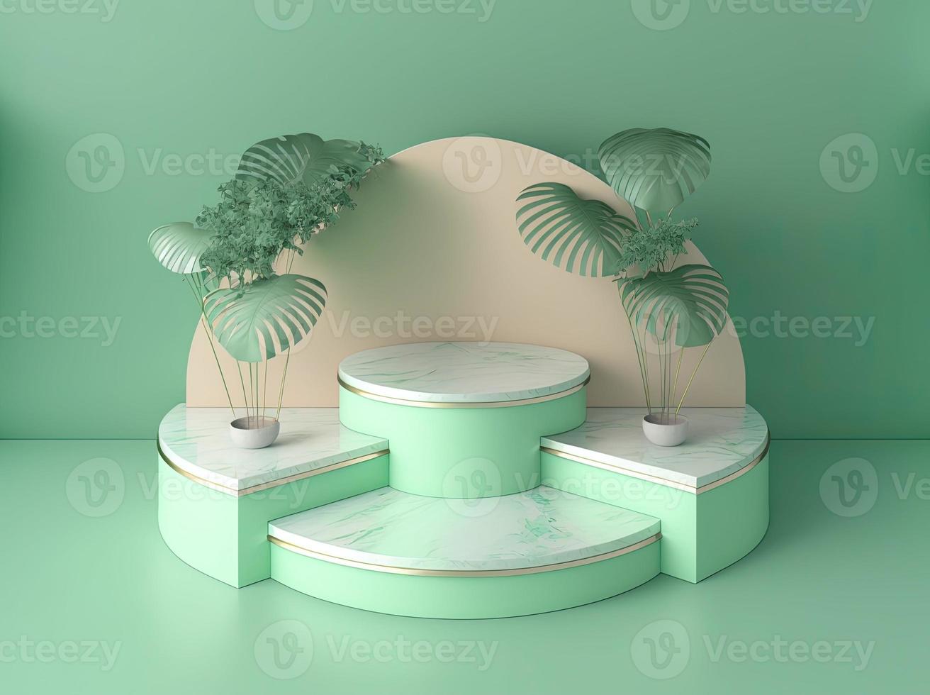 Ilustración realista en 3d de podio verde pastel con hojas alrededor para exhibición de productos foto