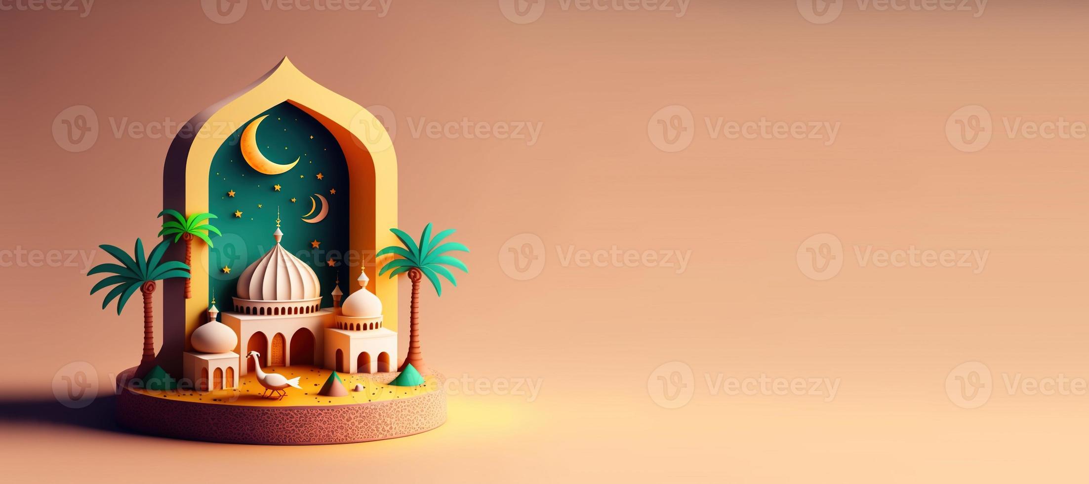 Mosque Digital 3D Illustration for Eid Islamic Ramadan Background with Copy Space photo