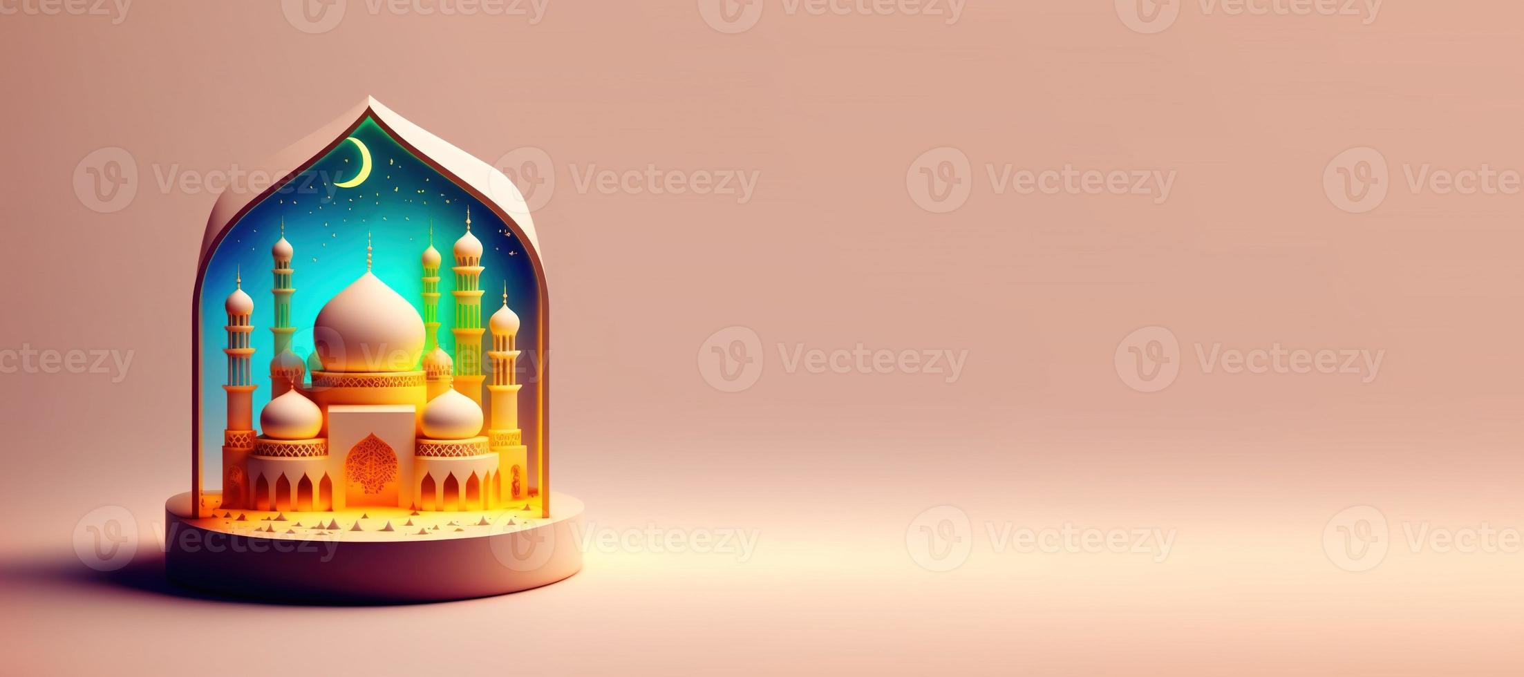 Mosque Digital 3D Illustration for Ramadan Islmic Celebration Banner with Copy Space photo