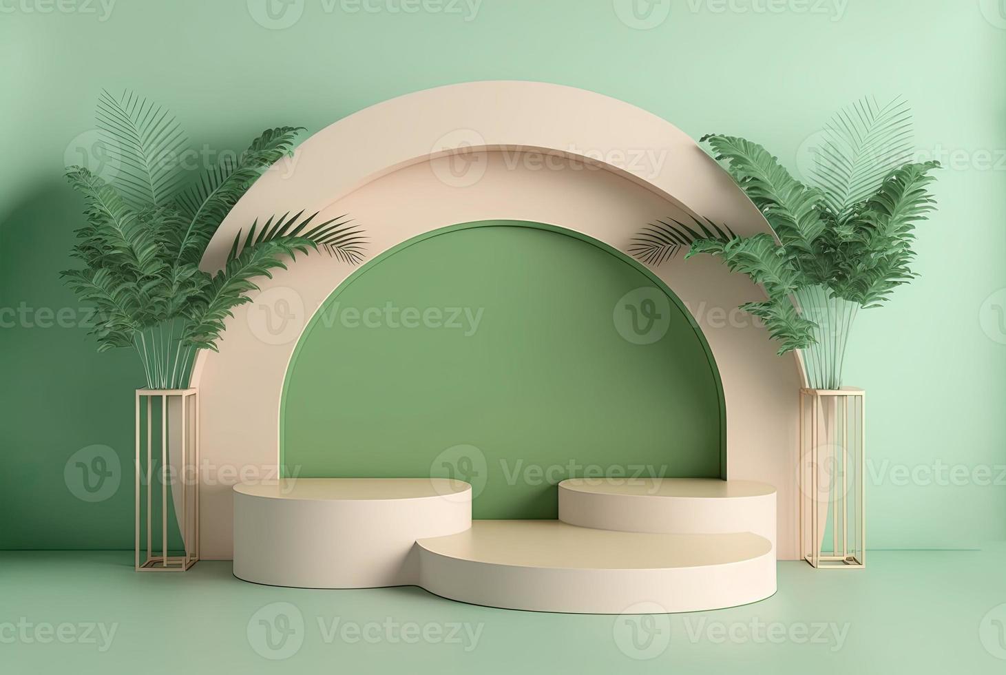 ilustración de representación 3d realista de podio verde suave con hoja alrededor para soporte de producto foto