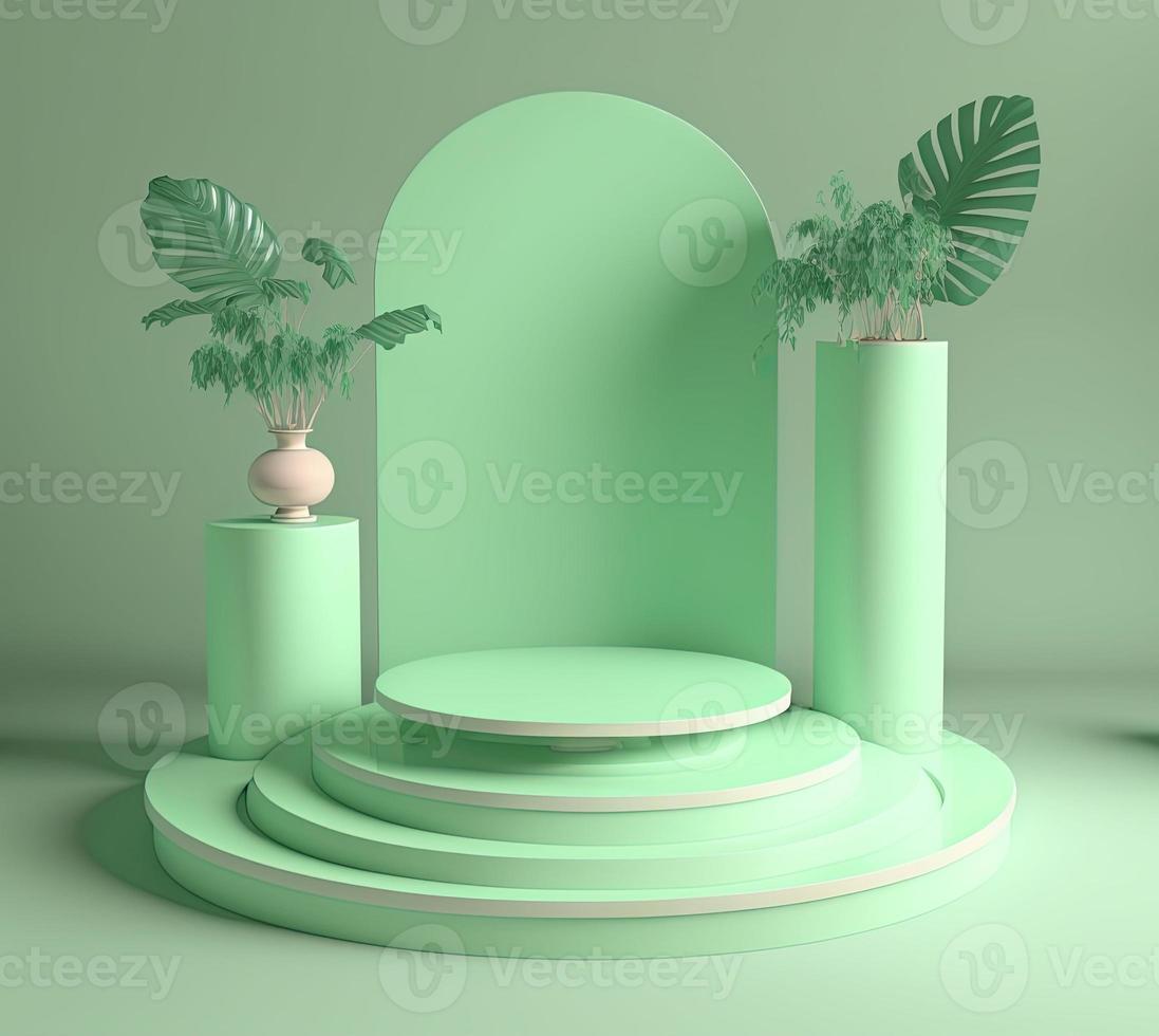ilustración de representación 3d realista de podio verde suave con hoja alrededor para la promoción del producto foto