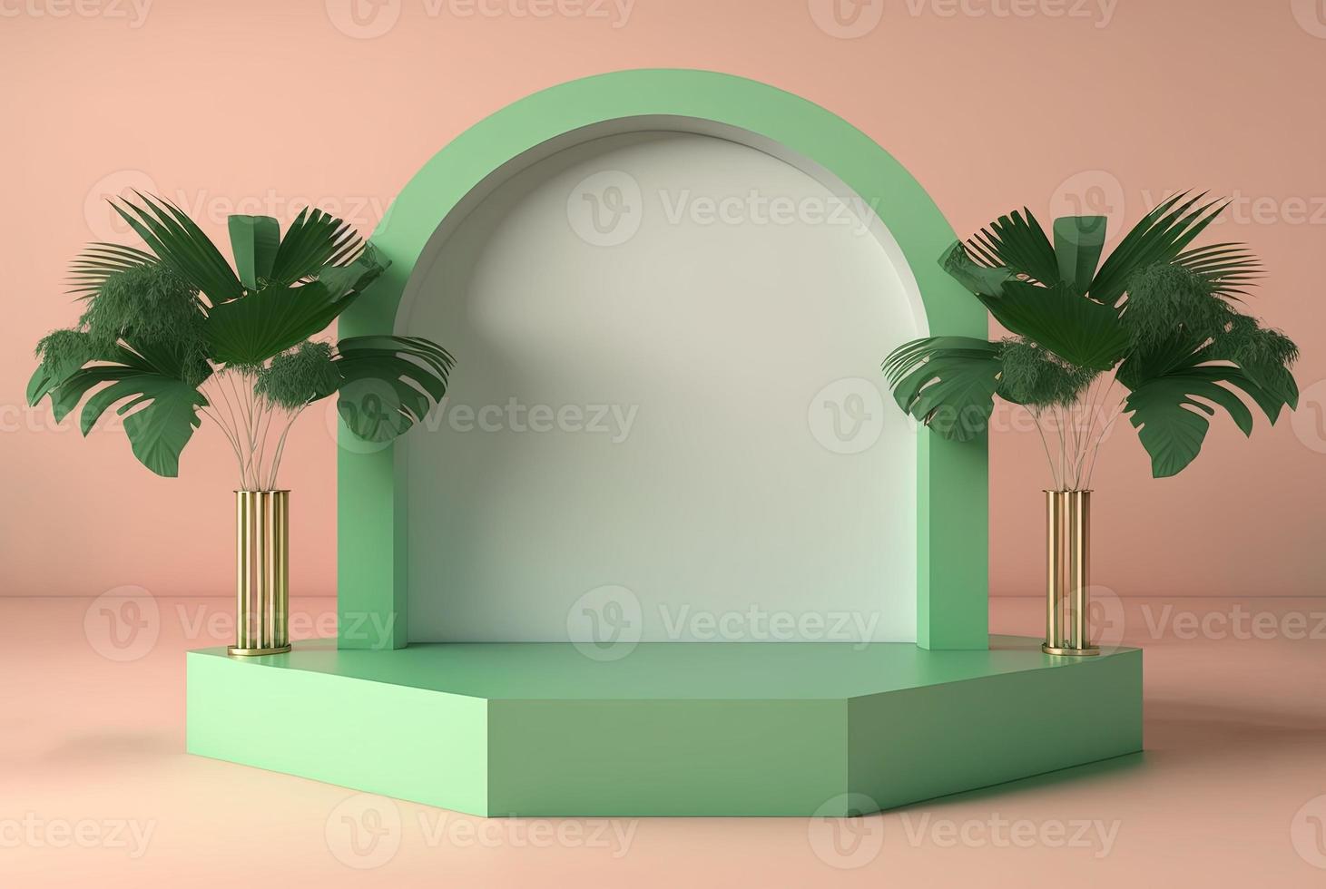ilustración de renderizado 3d realista de podio verde suave con decoración de hojas para podio de producto foto