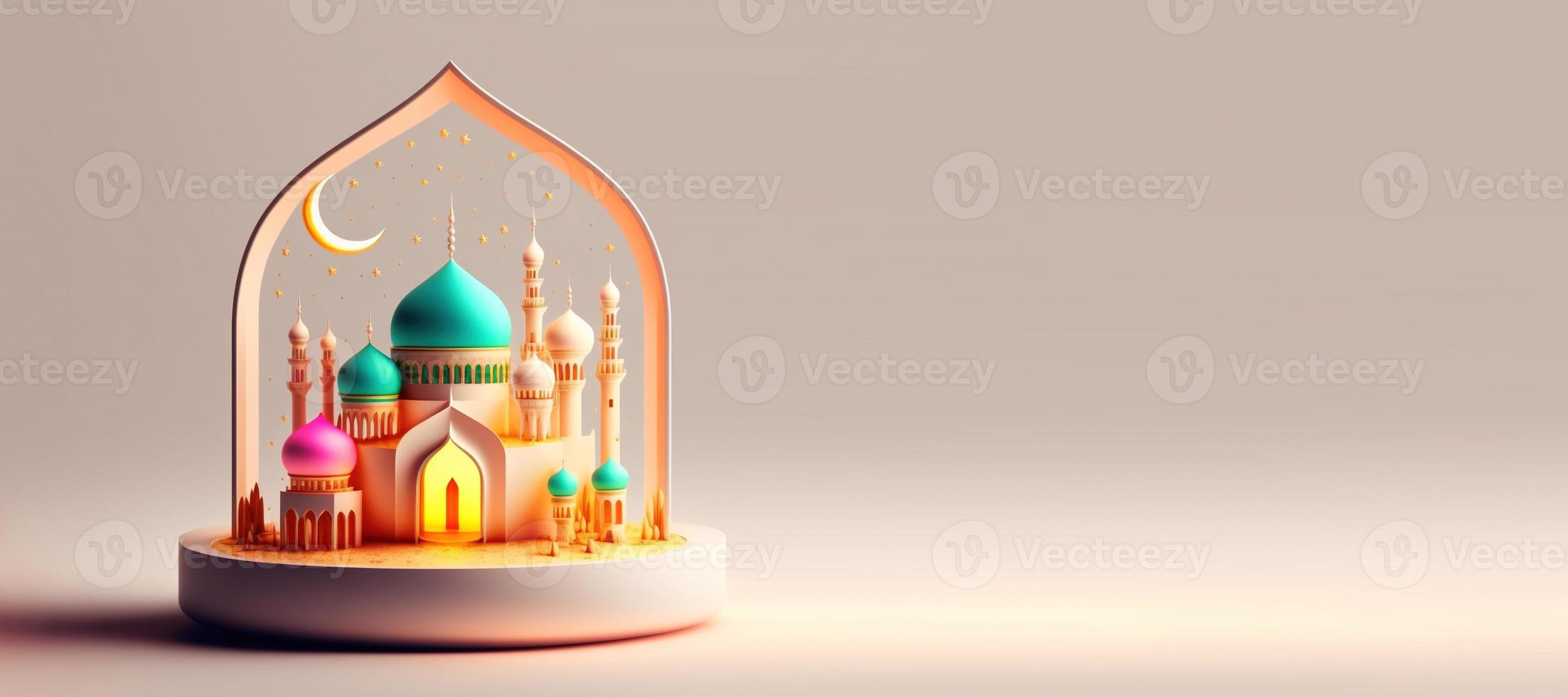 Mosque 3D Illustration for Ramadan Islmic Celebration Background with Copy Space photo