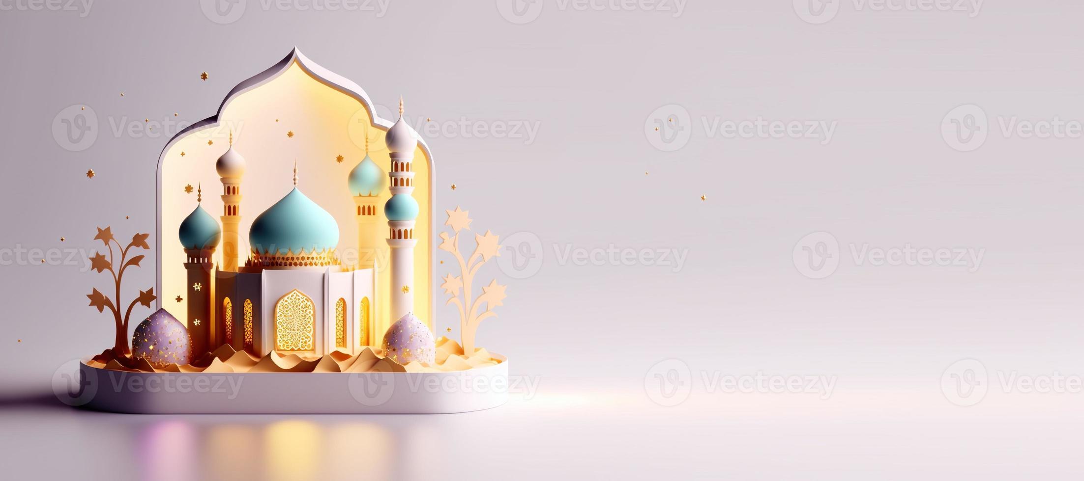 Mosque Digital 3D Illustration for Ramadan Islmic Celebration Banner with Copy Space photo