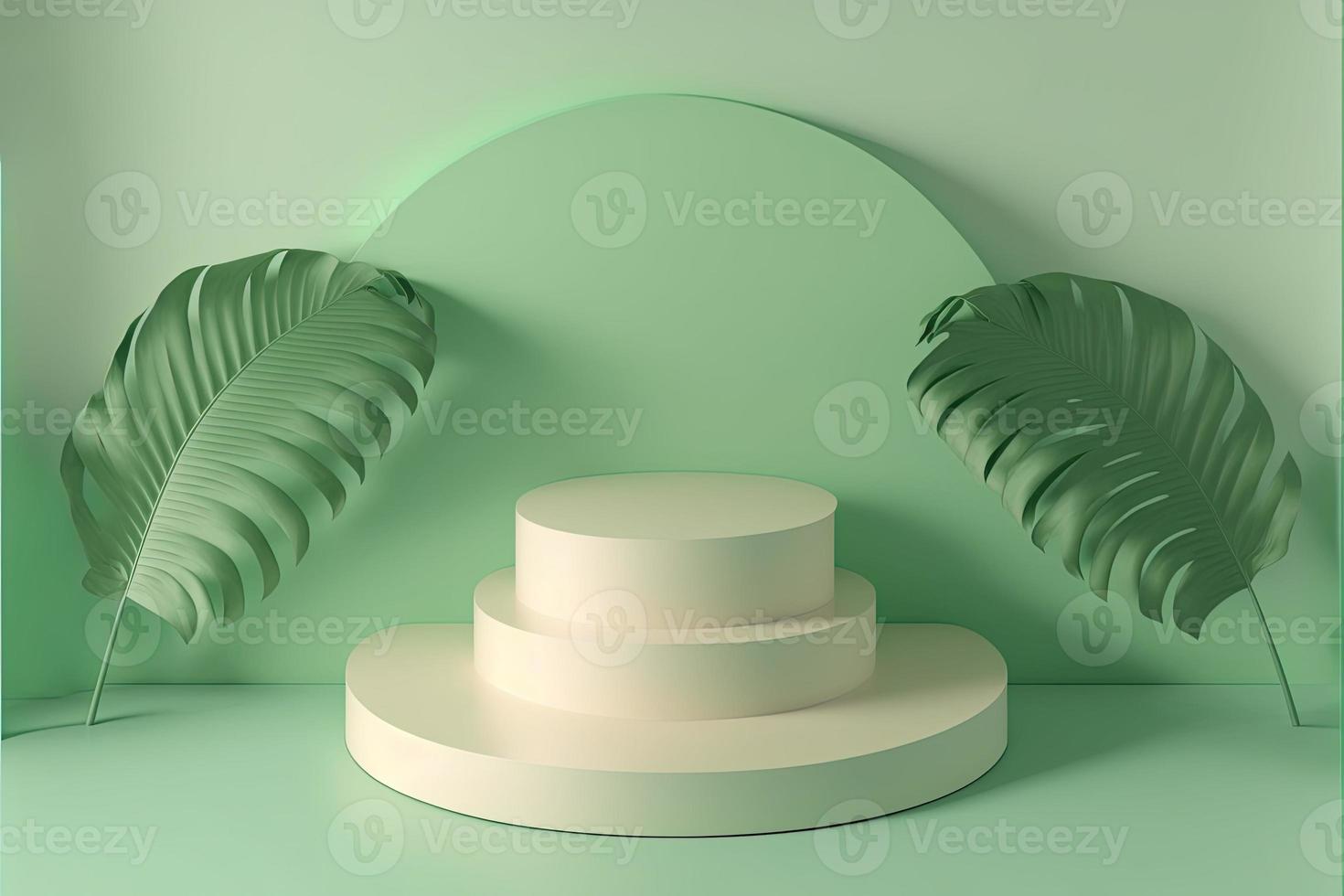 ilustración de representación 3d realista de podio verde suave con hoja alrededor para la presentación del producto foto