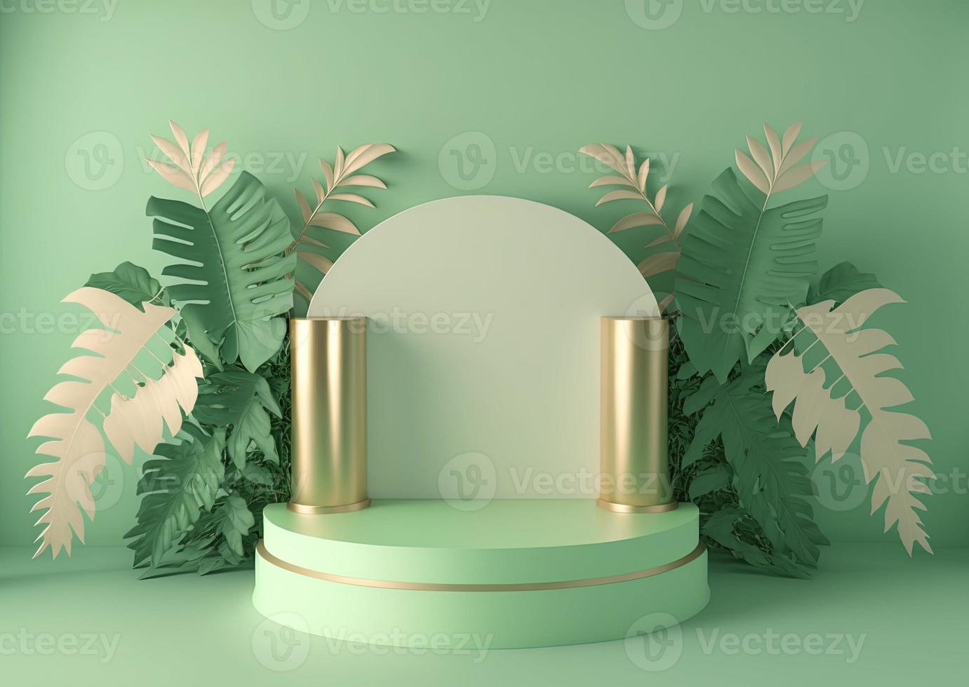 realistic 3d rendering illustration of pastel green podium with leaves around for product podium photo