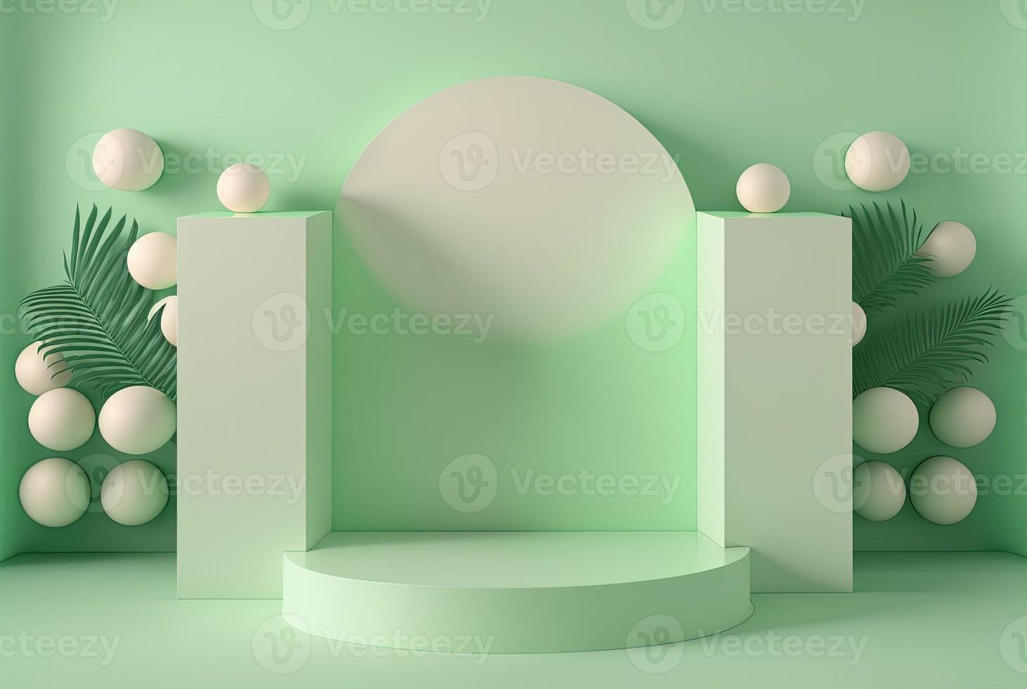 realistic 3d rendering illustration of soft green podium with leaves around for product display photo