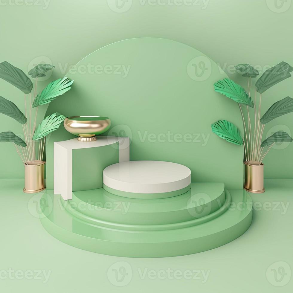 realistic 3d rendering illustration of soft green podium with leaf decoration for product scene photo