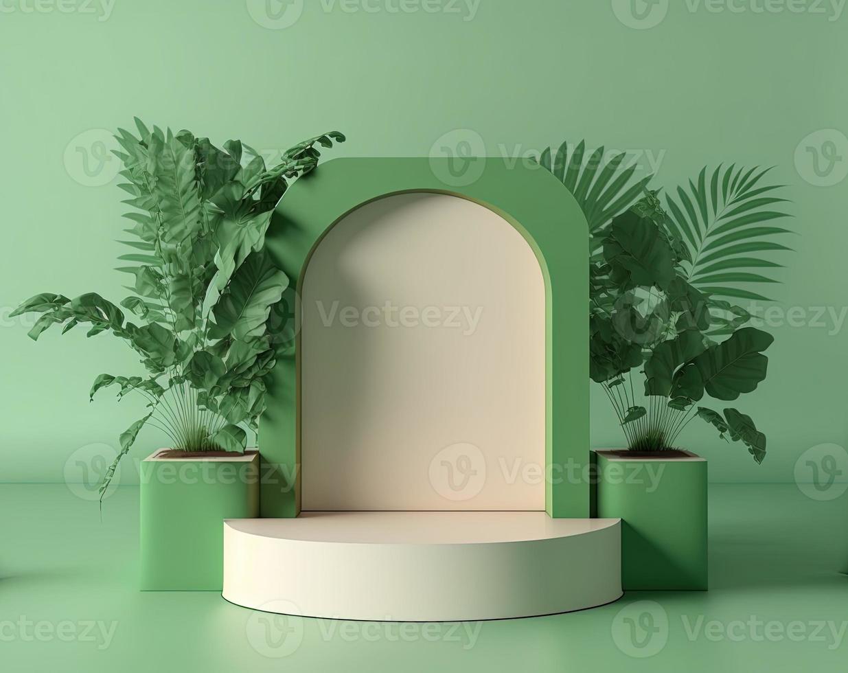 realistic 3d rendering illustration of pastel green podium with leaves around for product presentation photo