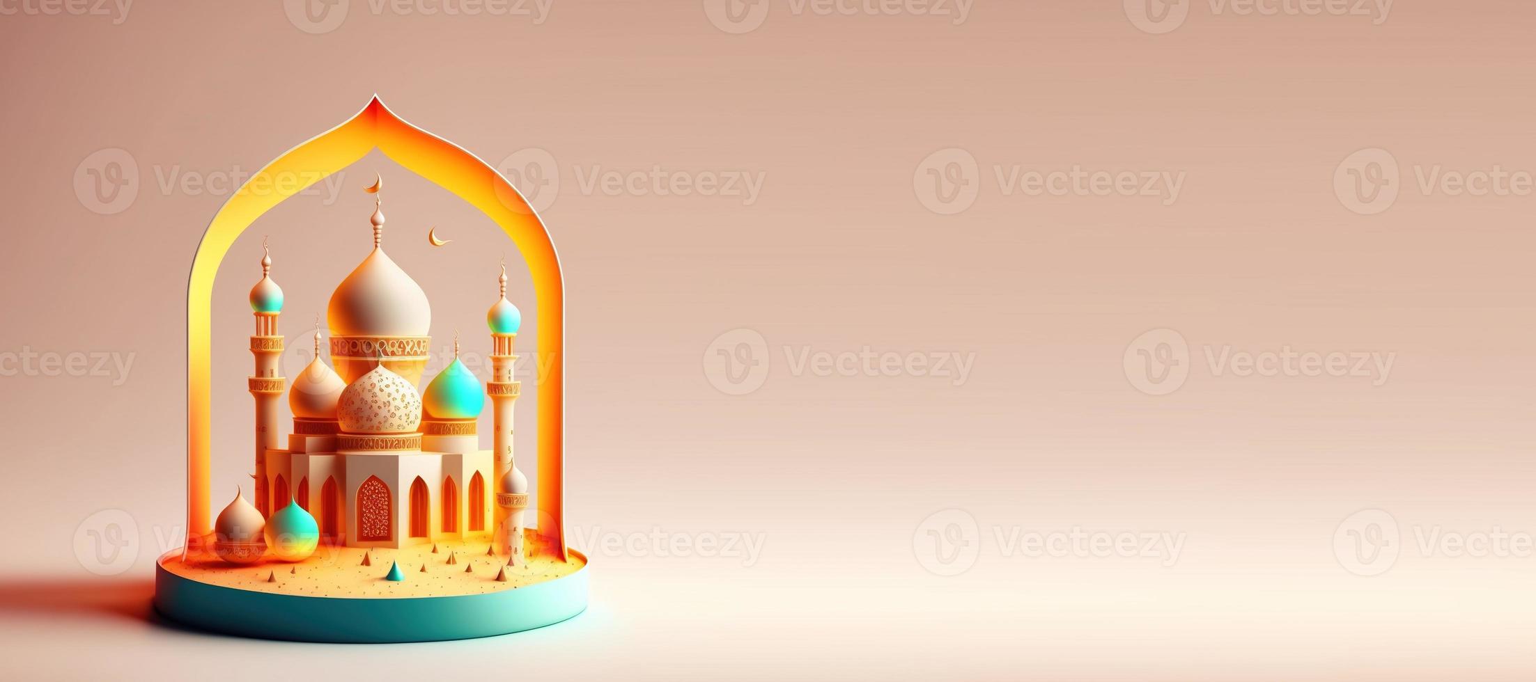 Digital 3D Illustration of Mosque for Eid Ramadan Islmic Celebration Background with Copy Space photo