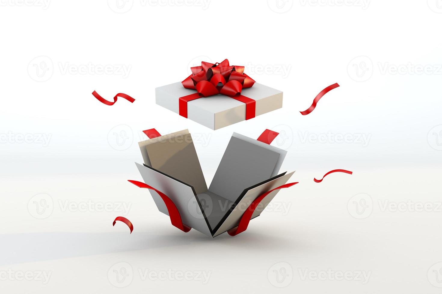 Open present box or gift box with red ribbons and bow isolated on white background. 3d render photo