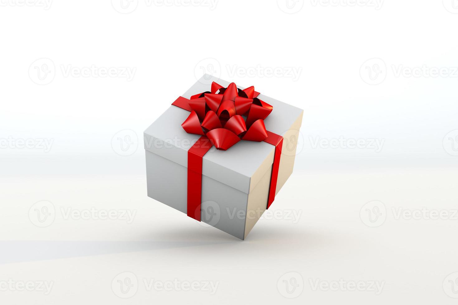 Floating white gift box and red ribbon. 3d render photo