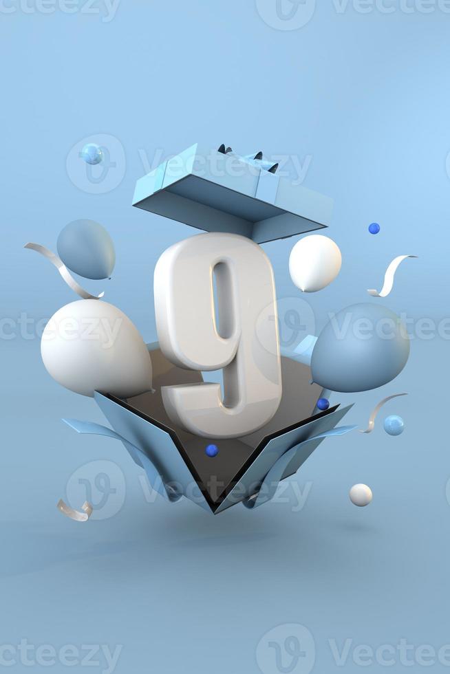 Blue number 9 a happy birthday concept. 3d render photo