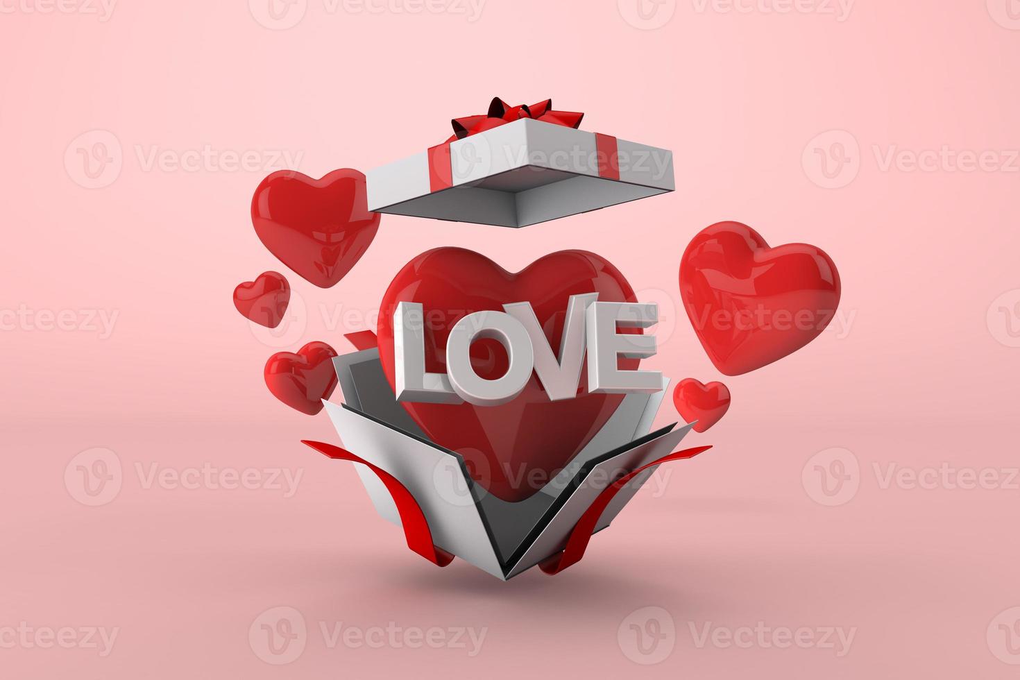 amor 3d con caja de regalo flotante y corazón rojo foto