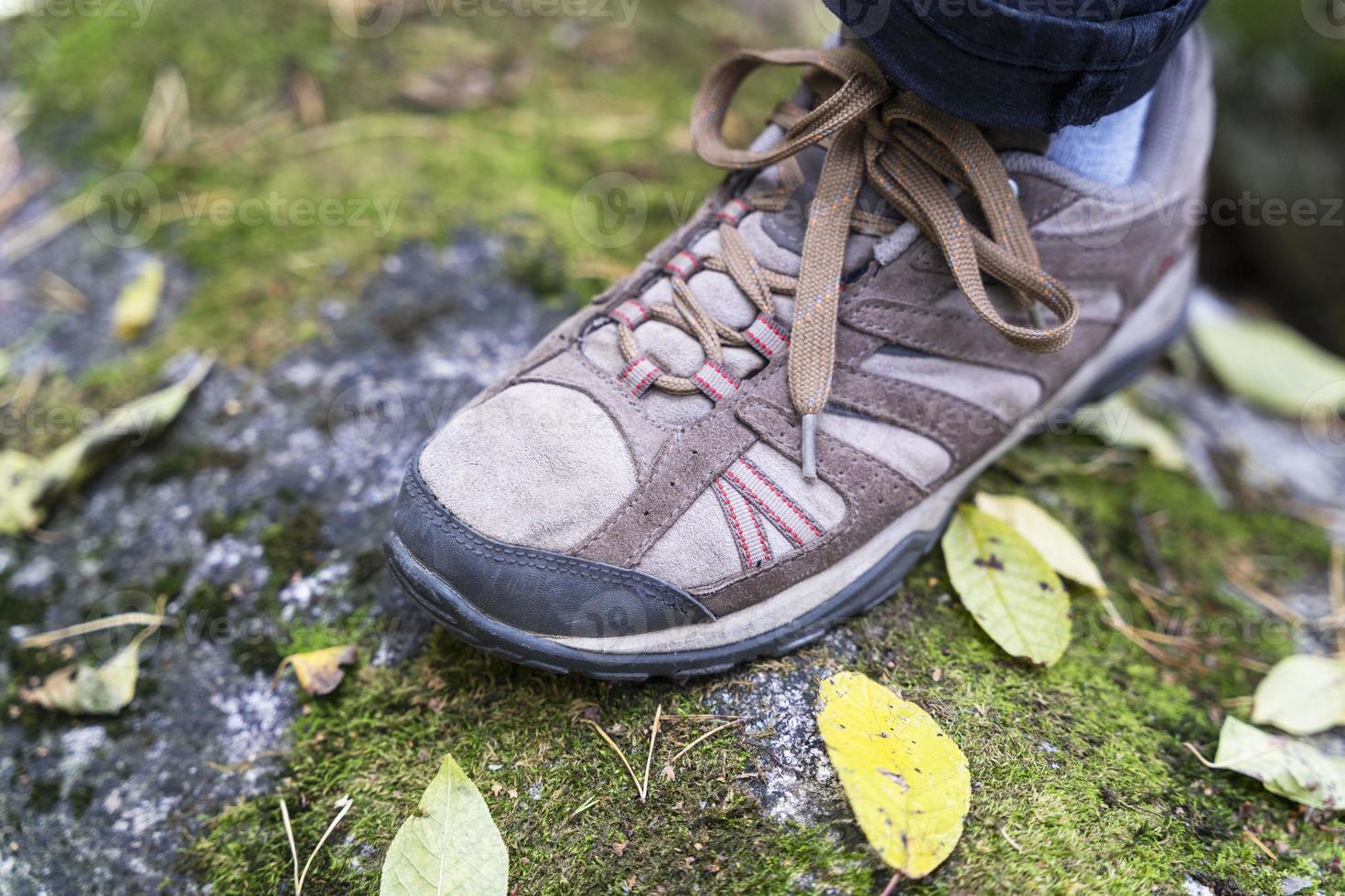 legs in women's trekking sneakers on a mossy forest stone with autumn yellow leaves, travel concept, hiking photo