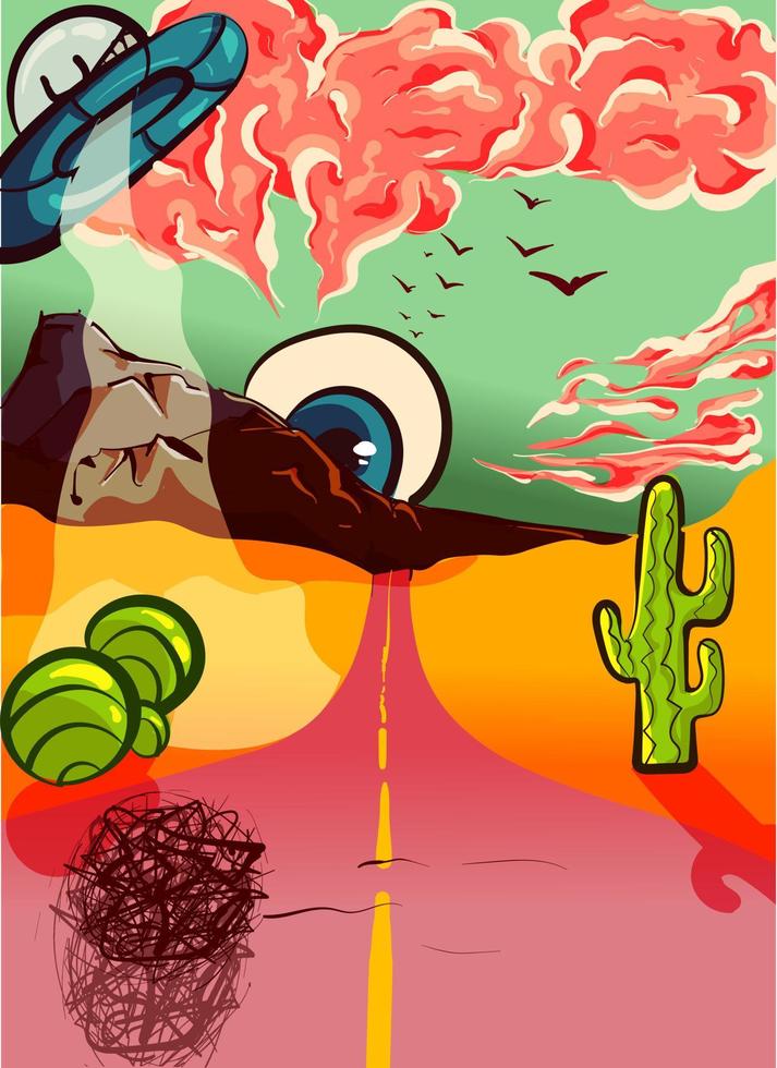 paisaje vectorial trippy y psicodélico con una carretera desértica y montañas. puesta de sol ficticia extraterrestre con cactus y arbustos. vector