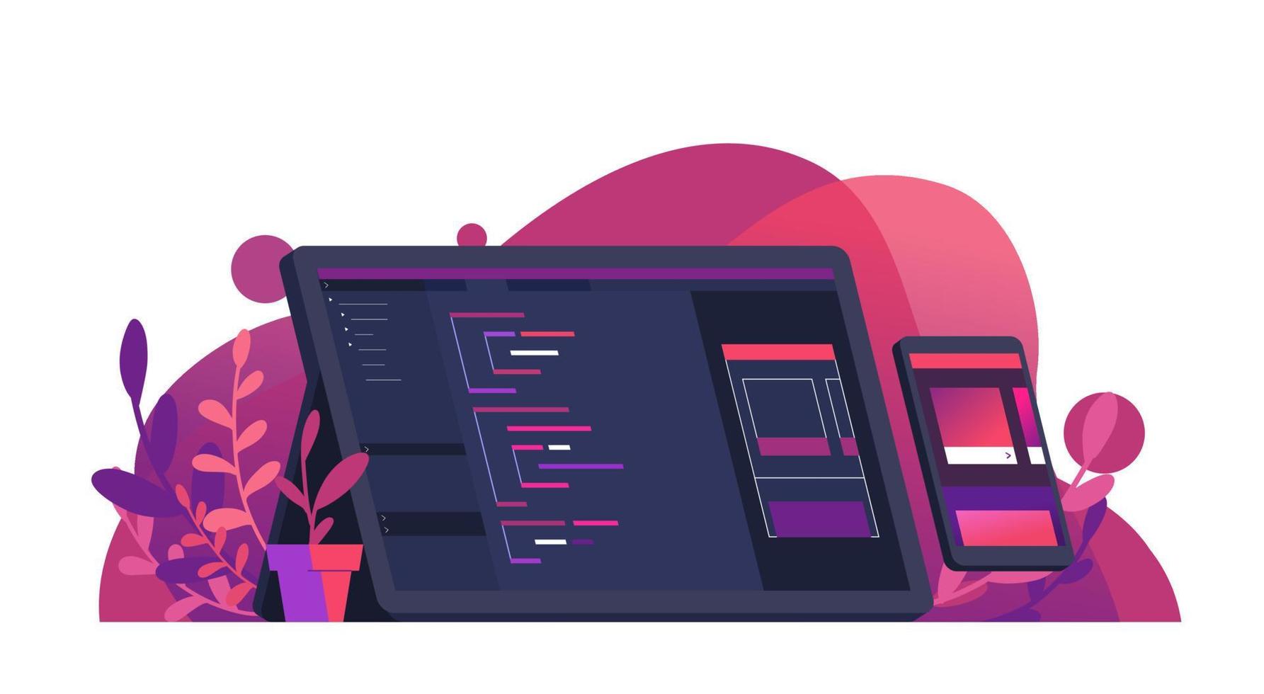 Mobile App Development Coding Program in Computer Monitor and Debugging with Smartphone Flat Vector Illustration with Orange and Purple Color