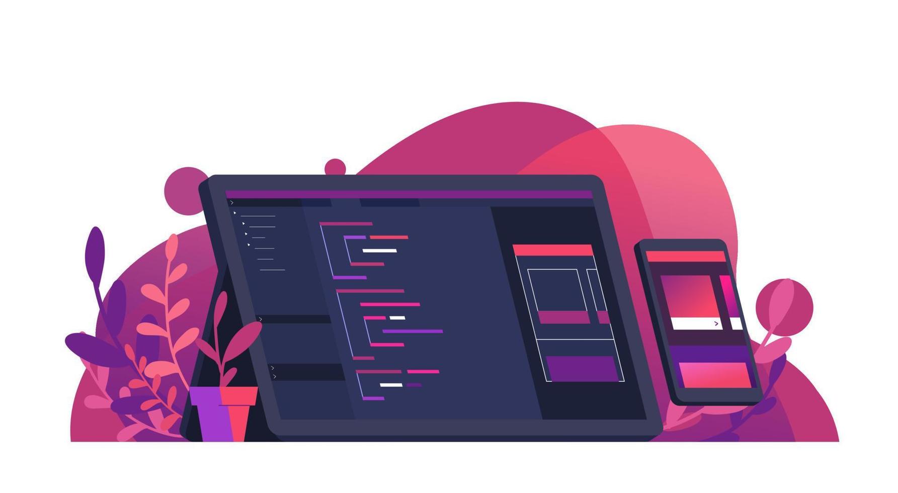 programa de codificación de desarrollo de aplicaciones móviles en monitor de computadora y depuración con ilustración de vector plano de teléfono inteligente con color naranja y púrpura