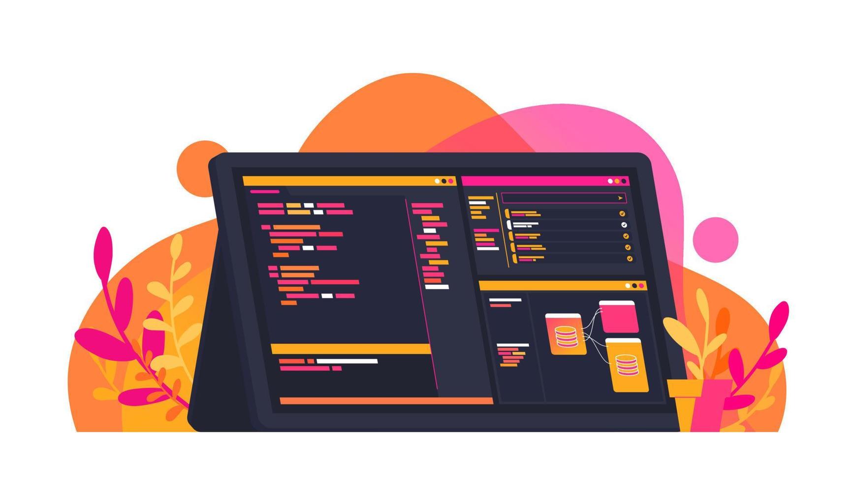 base de datos de prueba de codificación de desarrollo web back-end y api en la ilustración de tecnología de vector plano de monitor