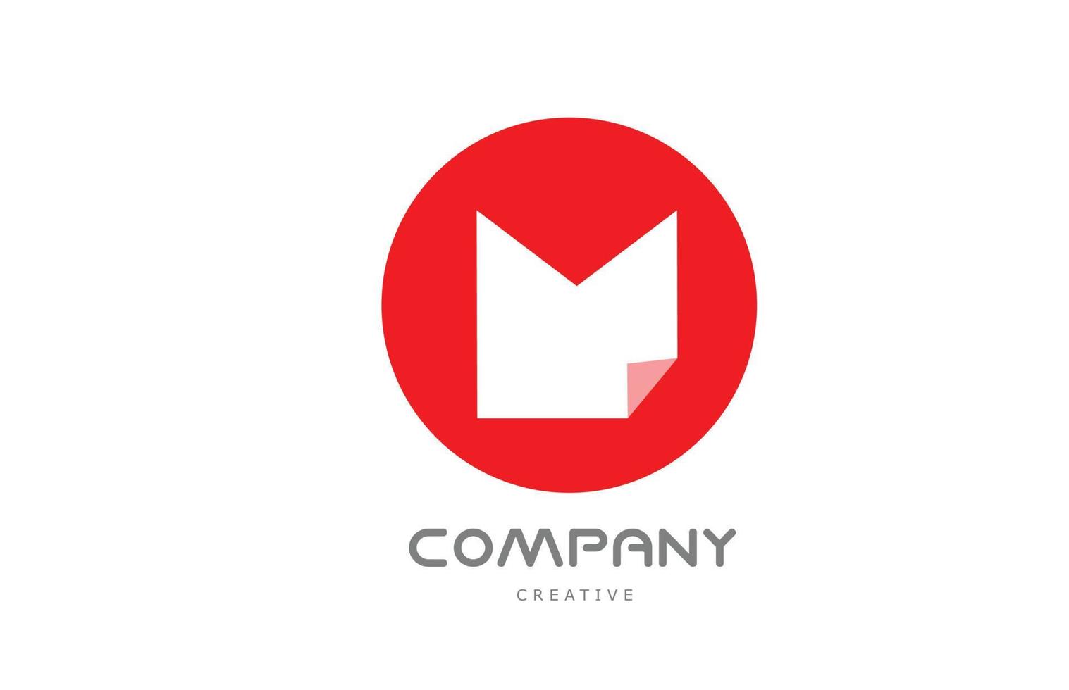 Diseño de icono de logotipo de letra del alfabeto geométrico m con esquina doblada y círculo rojo vector
