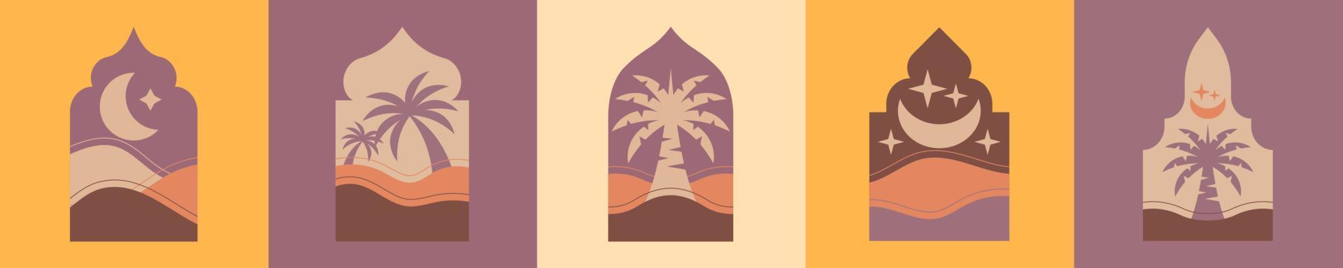 colección de marco de ventana de arco mínimo islámico con duna de arena, palmera y fondo de luna creciente para la tarjeta de felicitación ramadan kareem. vector