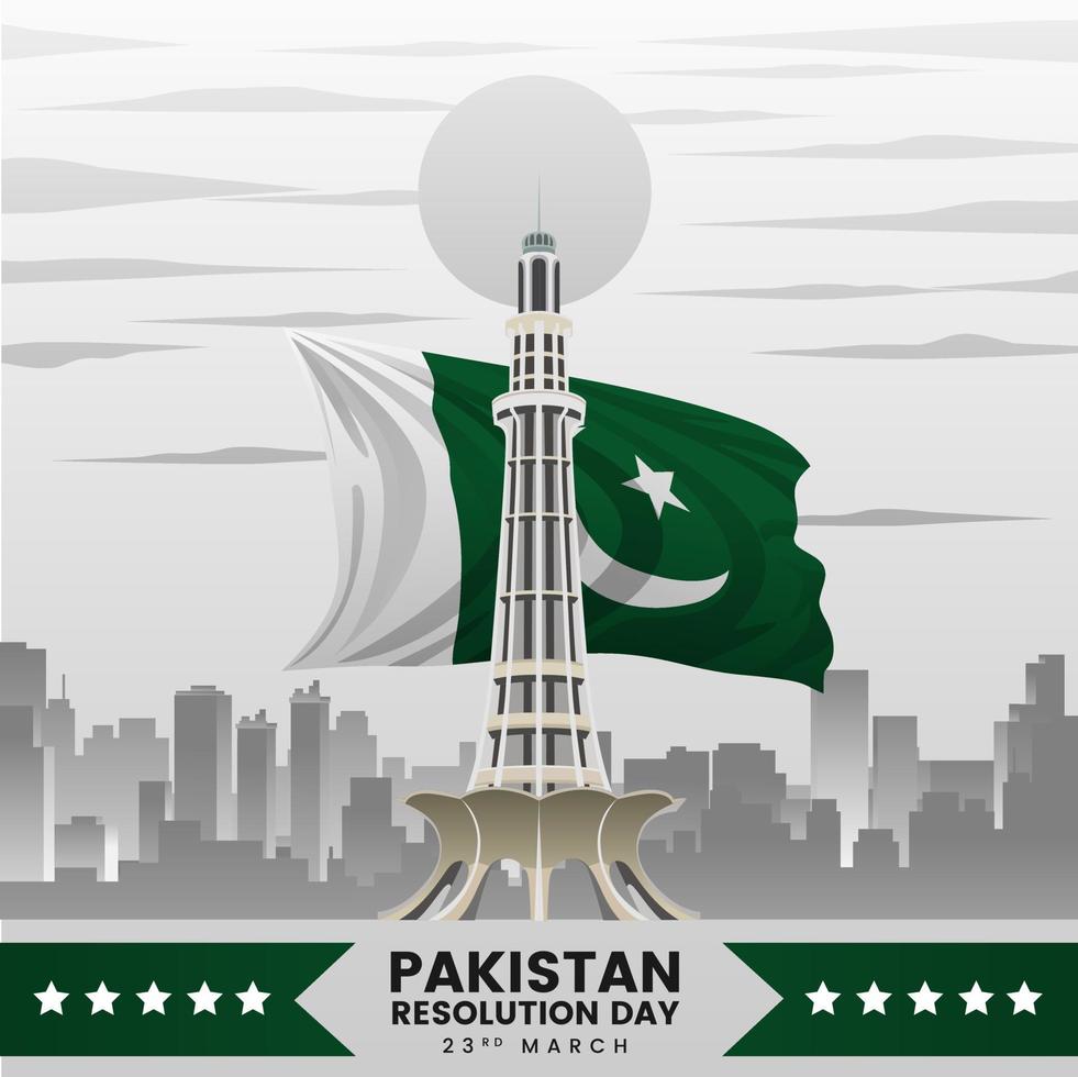 Pakistan Resolution Day High Tower with National Flag and Cityscape Background vector