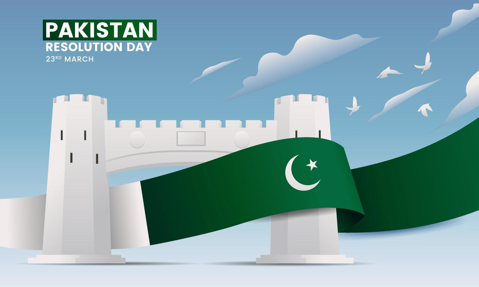 diseño de banner puerta de día de resolución de pakistán con ilustración de vector de bandera larga