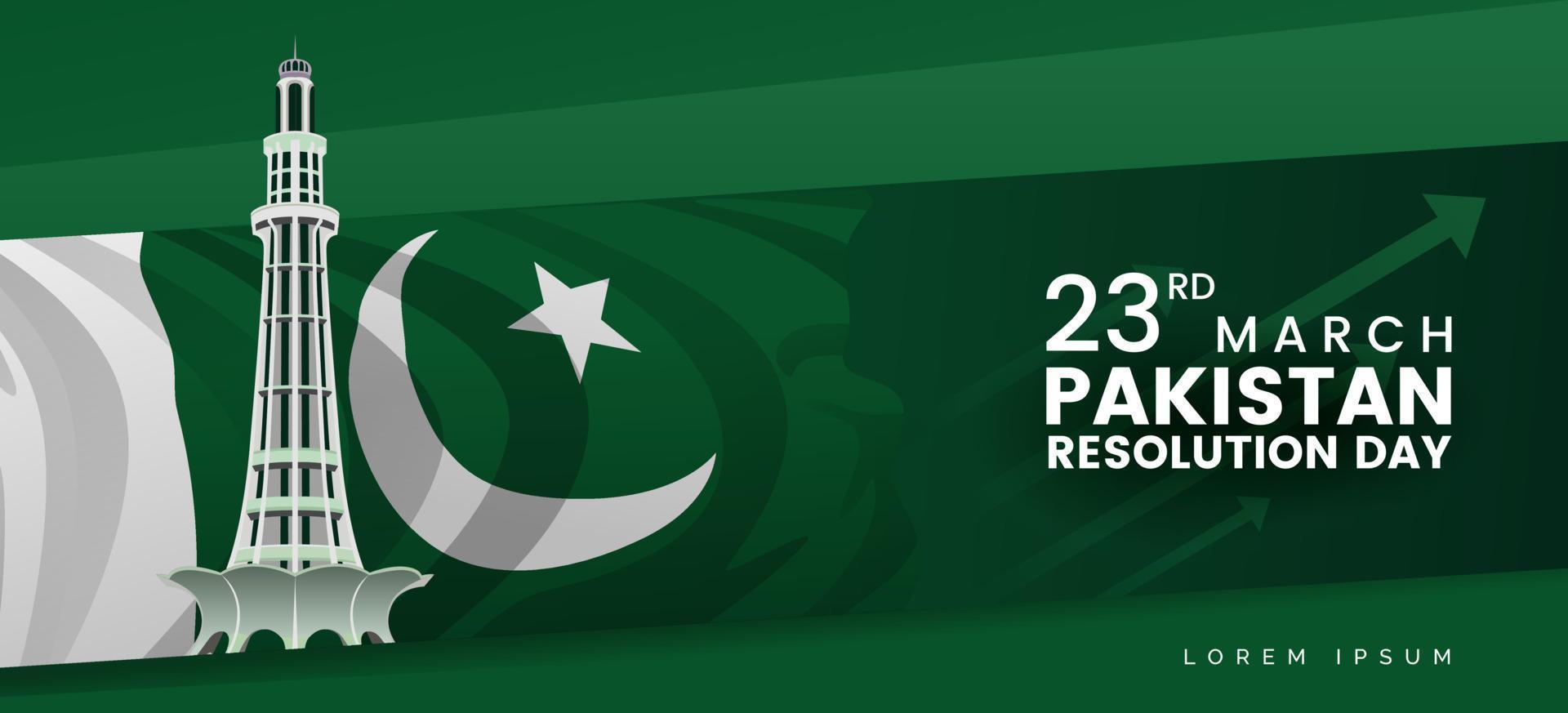 diseño de banner día de resolución de pakistán torre alta con ilustración de fondo de bandera nacional vector