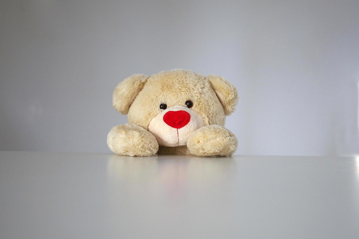 The teddy bear pokes his head up from the table. photo