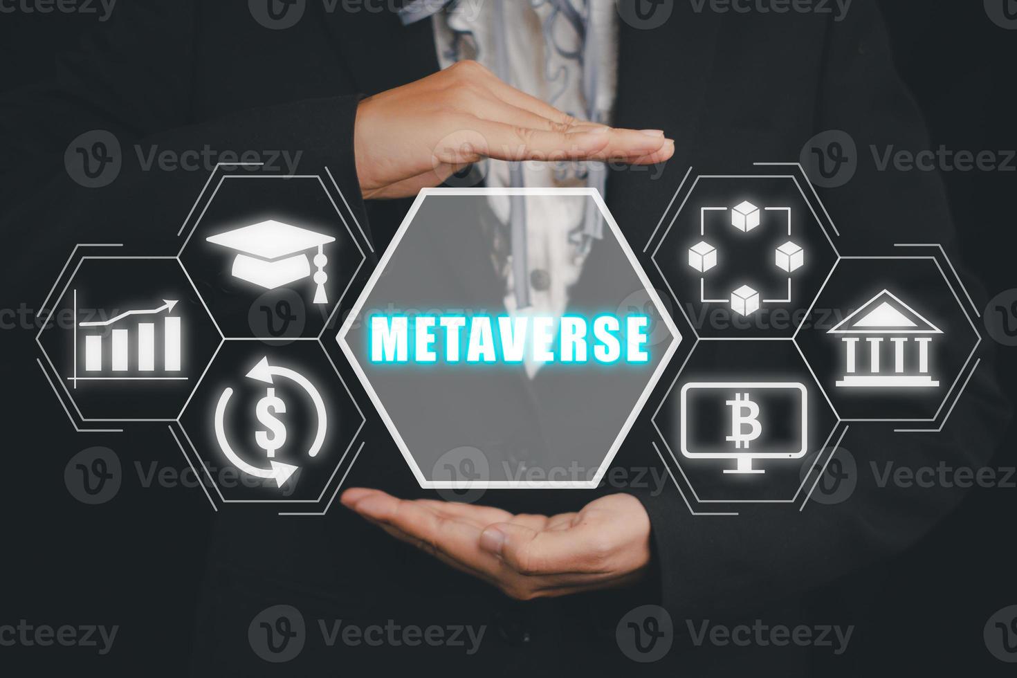 conceptos de tecnología de metaverso, mano de persona con diagrama de icono virtual de metaverso, visualización y simulación, 3d, ar, vr, innovación. foto