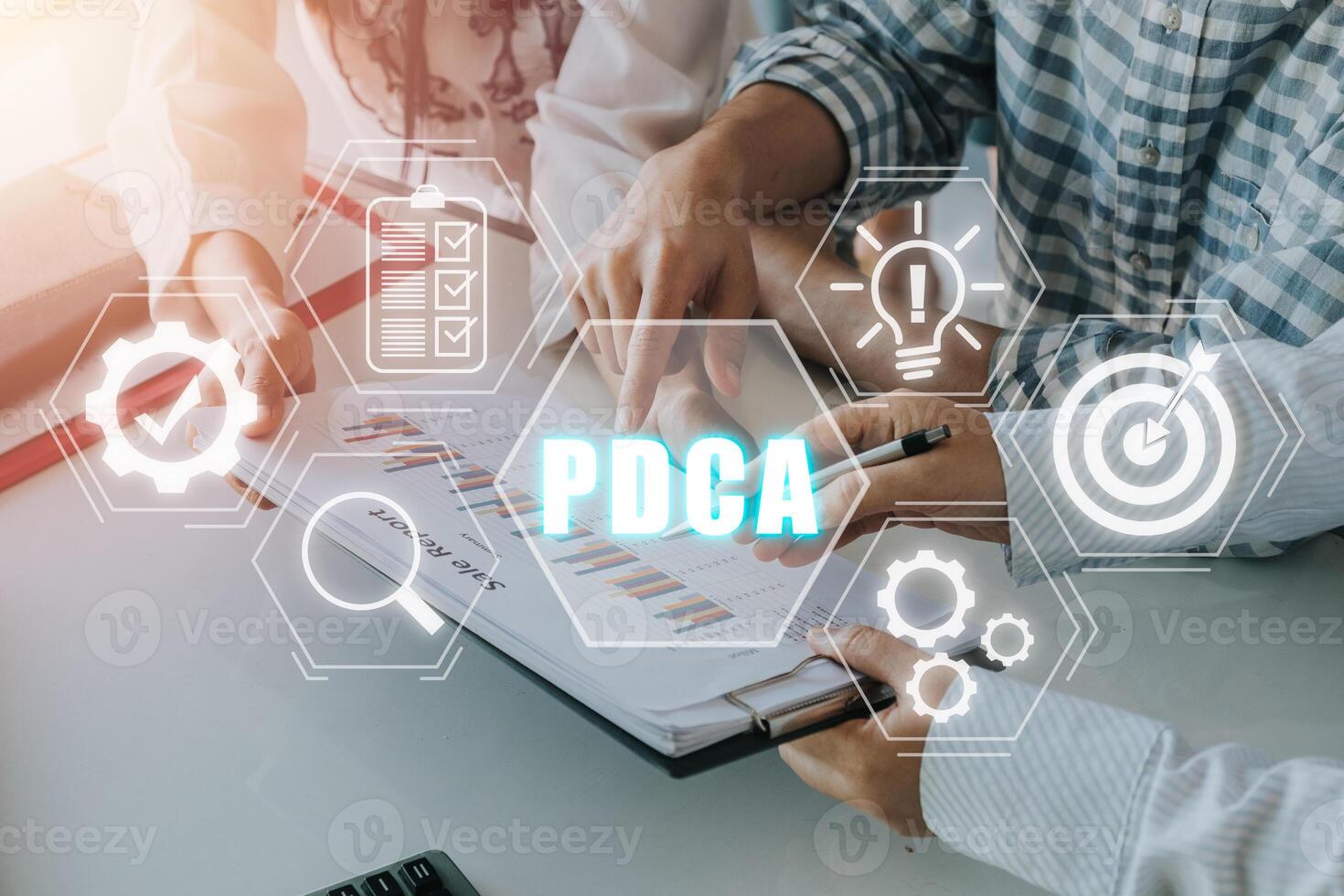 PDCA Plan Do Act Check Business technology concept, Business team analyzing income charts and graphs on desk with Plan Do Act Check icon on virtual screen. photo