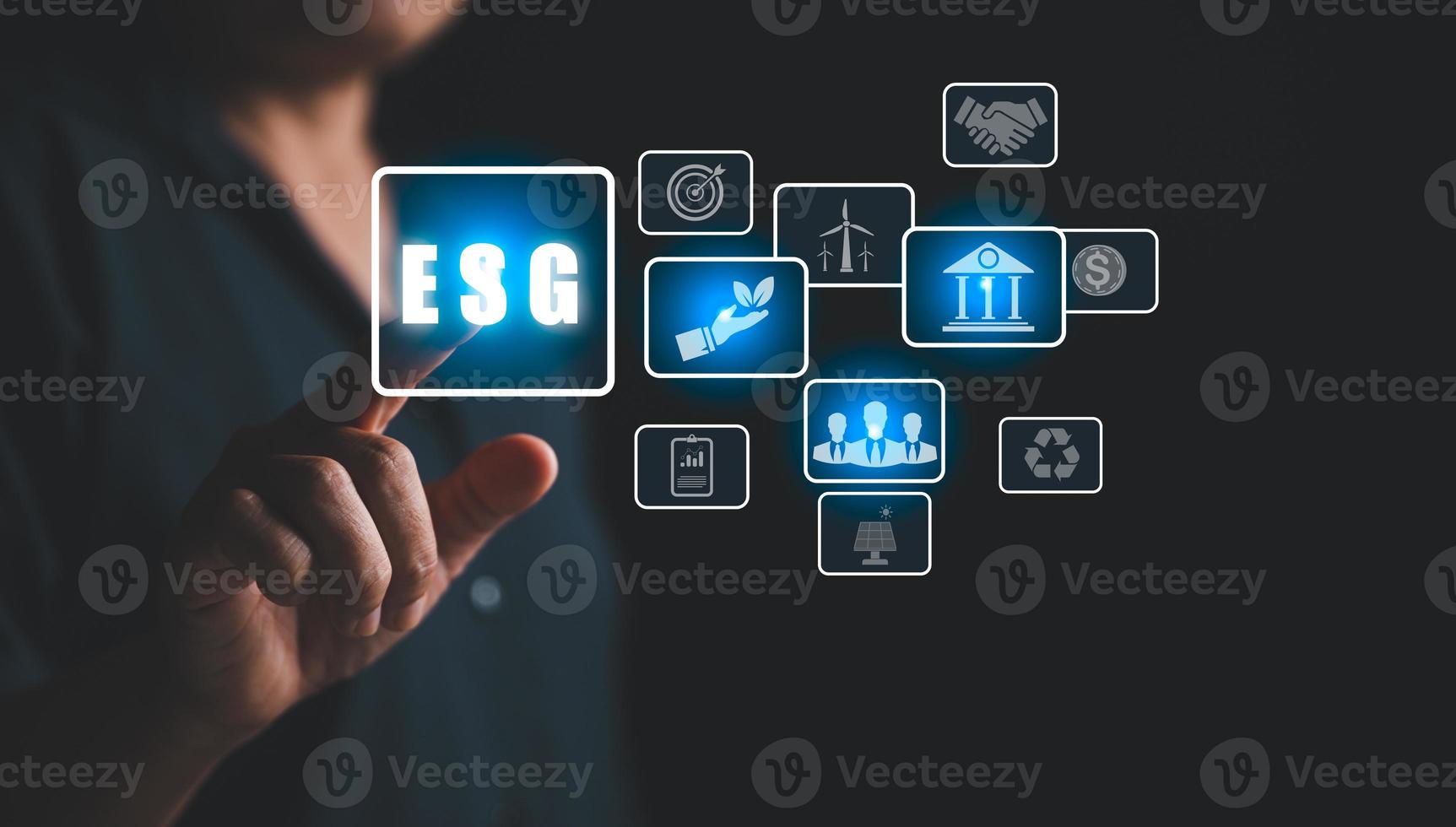 ESG environmental social governance business strategy investing concept. Ethical sustainable business on Network connection on dark background. Ideas for production and conservation of environment. photo