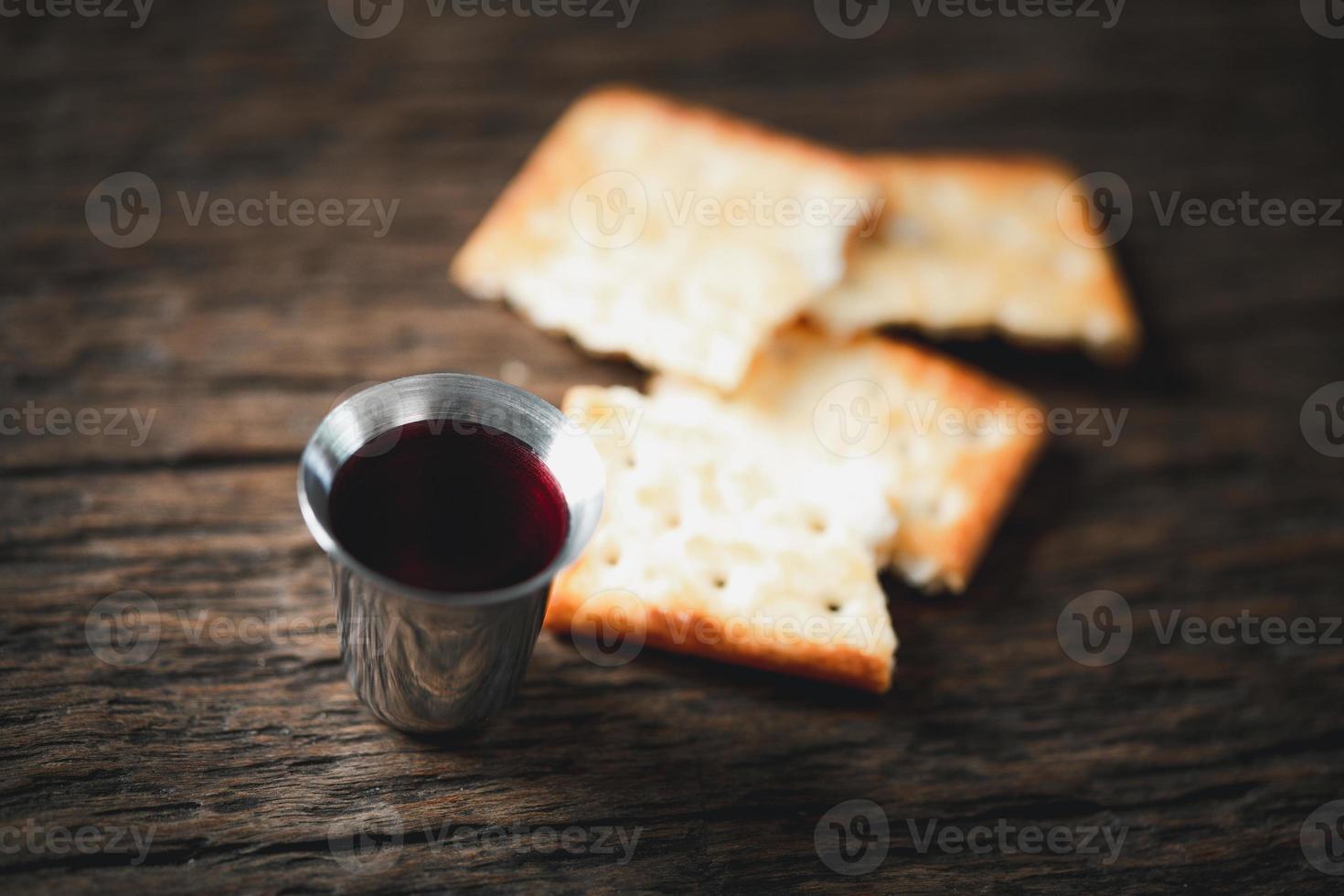 Concept of Eucharist or holy communion of Christianity. Eucharist is sacrament instituted by Jesus. during last supper with disciples. Bread and wine is body and blood of Jesus Christ of Christians. photo