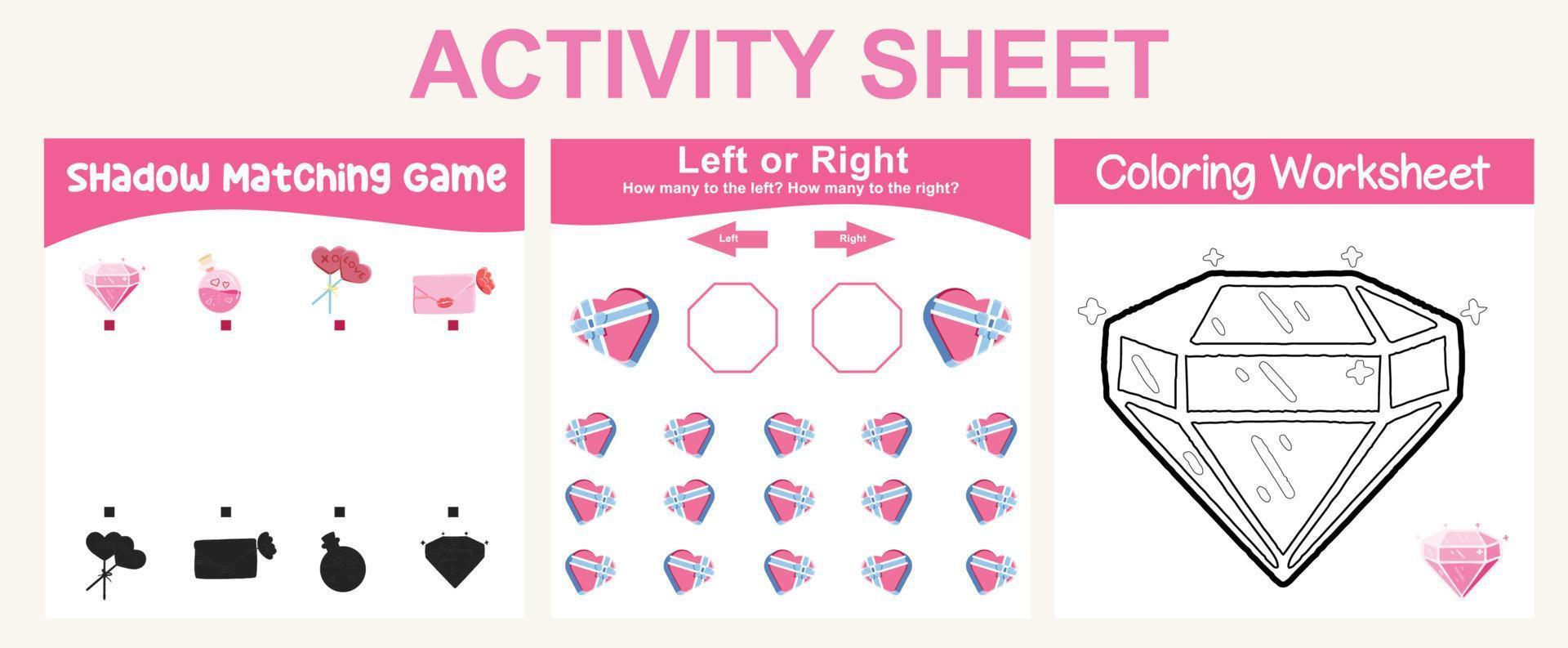 3 in 1 activity sheet for children. Educational printable worksheet. Shadow matching game, tracing lines and coloring activity worksheet. Vector file.