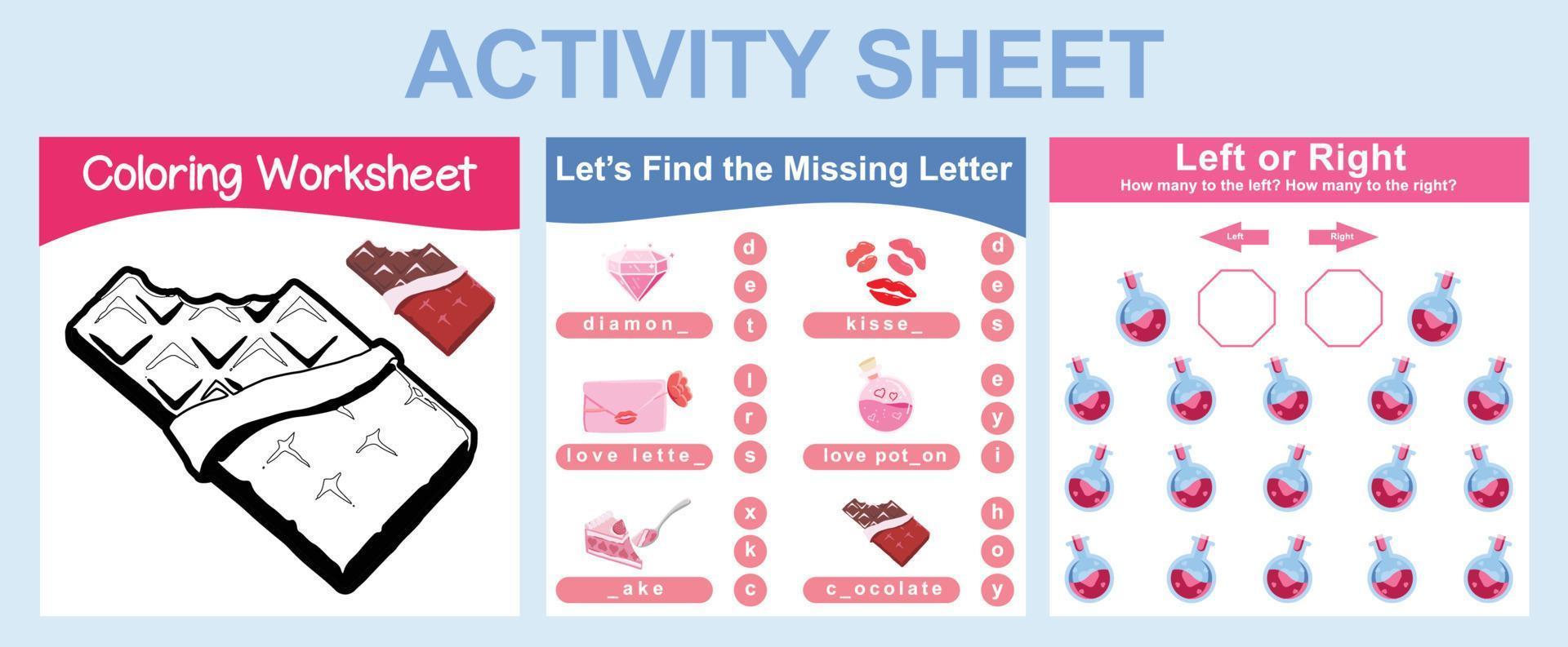 3 in 1 activity sheet for children. Educational printable worksheet. Coloring worksheet, find missing letter, mathematic counting left or right. Vector file.