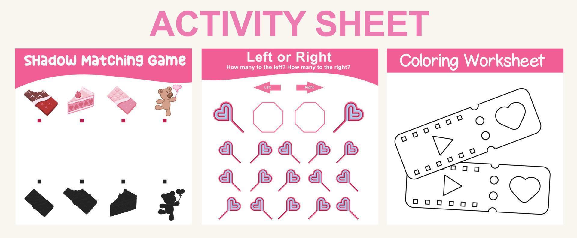 3 in 1 activity sheet for children. Educational printable worksheet. Shadow matching game, tracing lines and coloring activity worksheet. Vector file.