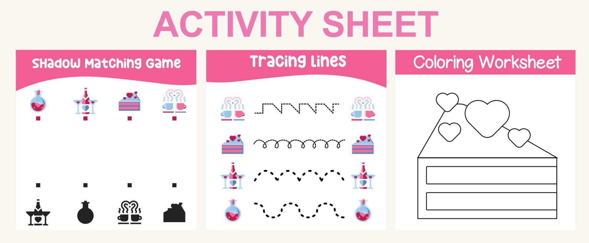 3 in 1 activity sheet for children. Educational printable worksheet. Shadow matching game, tracing lines and coloring activity worksheet. Vector file.